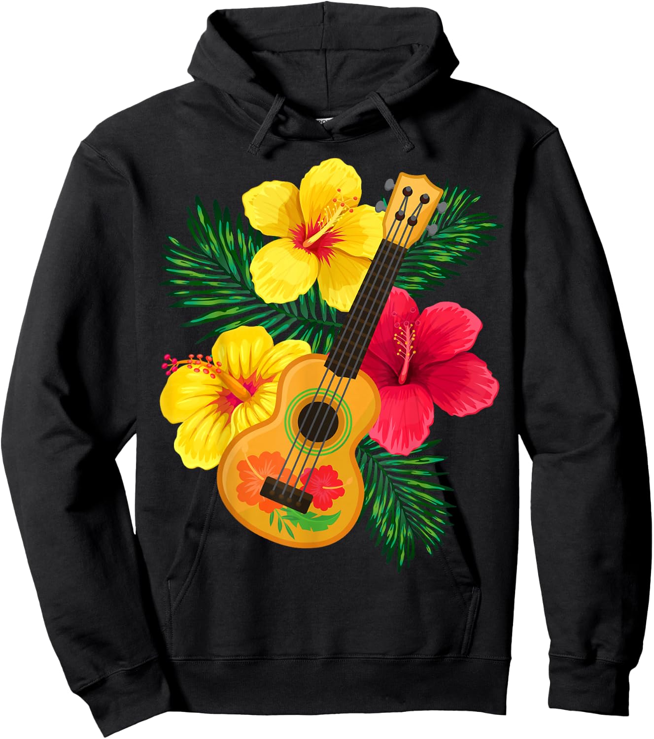 Hawaiian Ukulele Retro Uke Hibiscus Hoodie - Hoodie | Black