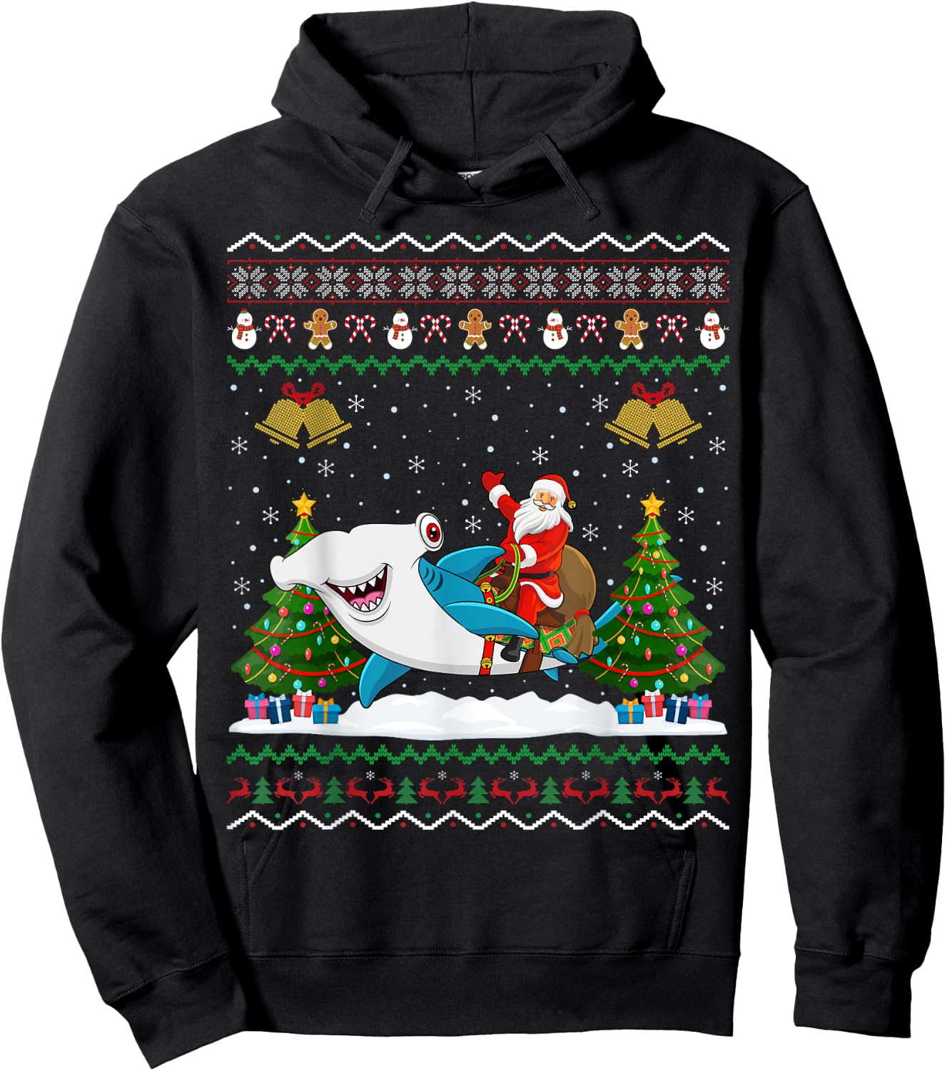 Ugly Hammerhead Shark Xmas Gift Santa Riding Shark Christmas Hoodie - Hoodie | Black