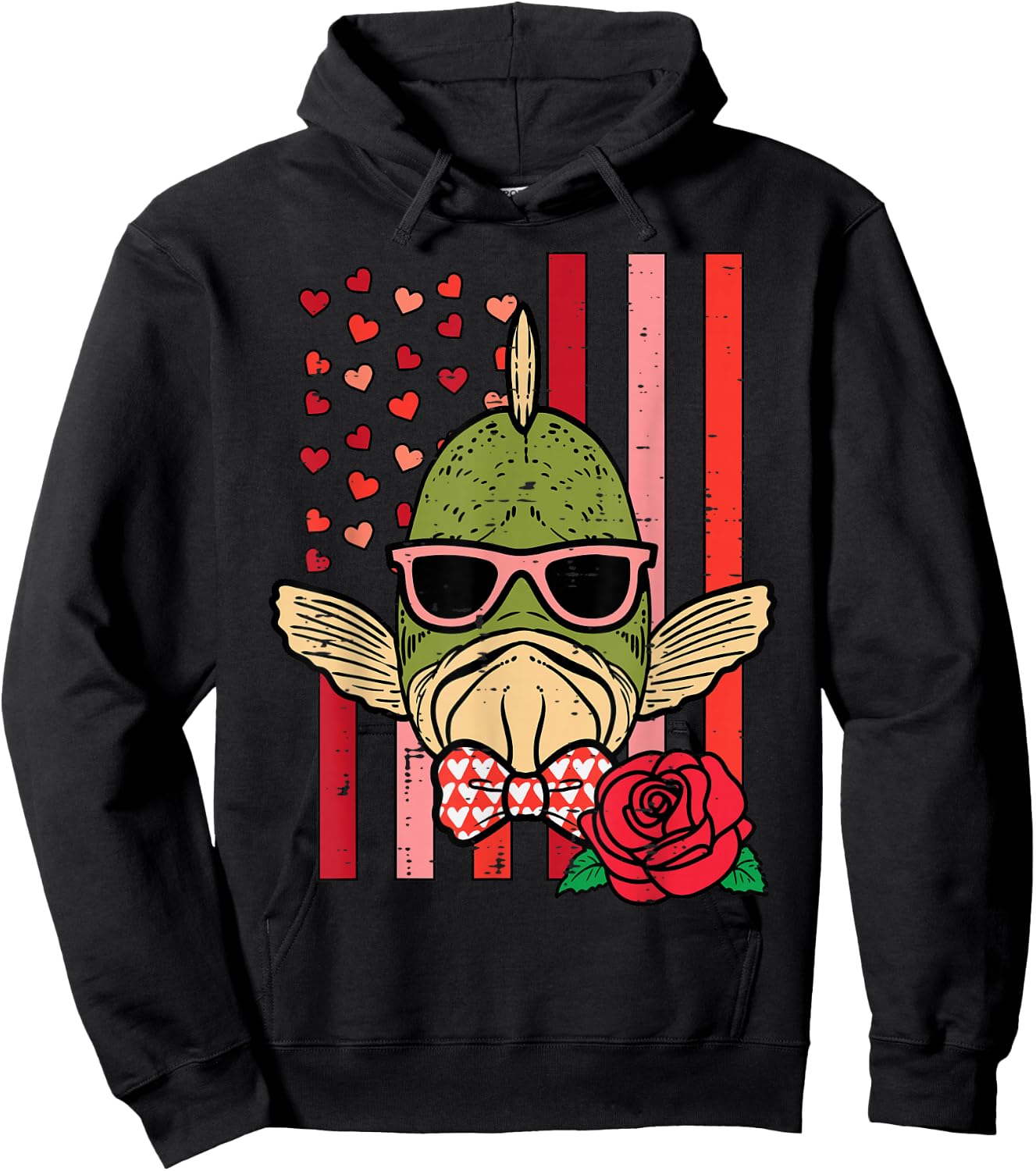 Valentines Day Fish US Flag Patriot Fisherman Men Women Kids Hoodie - Hoodie | Black