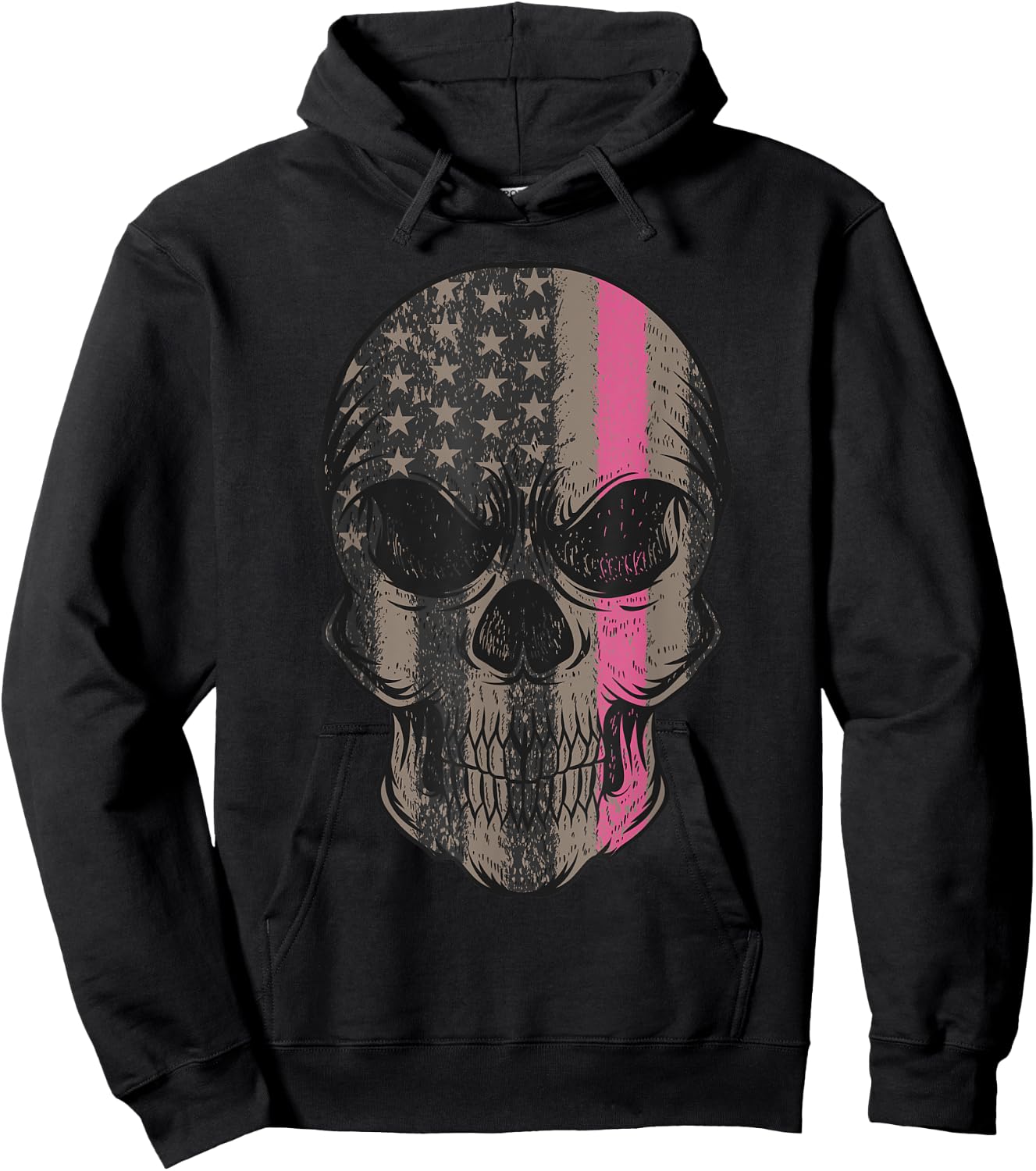 Thin Pink Line Breast Cancer Awareness American Flag Skull Women Men Hoodie - Hoodie | Black