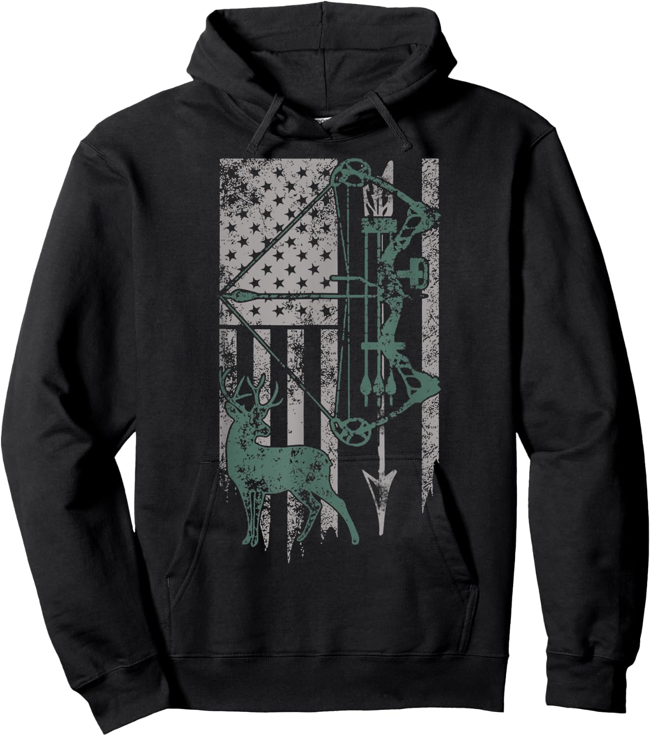 Deer Hunter Bow Vintage Distressed American Flag Patriotic Women Kids Men Hoodie - Hoodie | Black