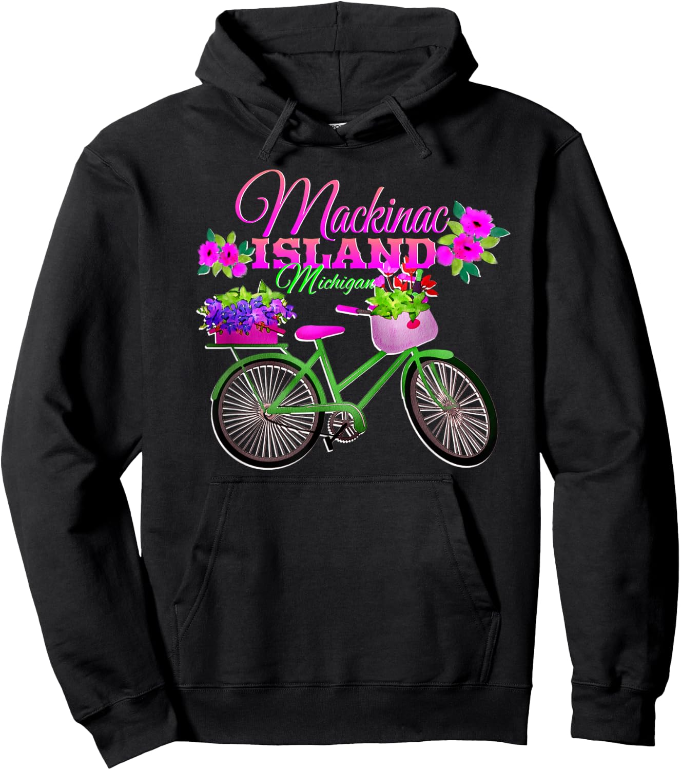 Mackinac Island Michigan Gift Vacation Vintage Bike Flowers Hoodie - Hoodie | Black