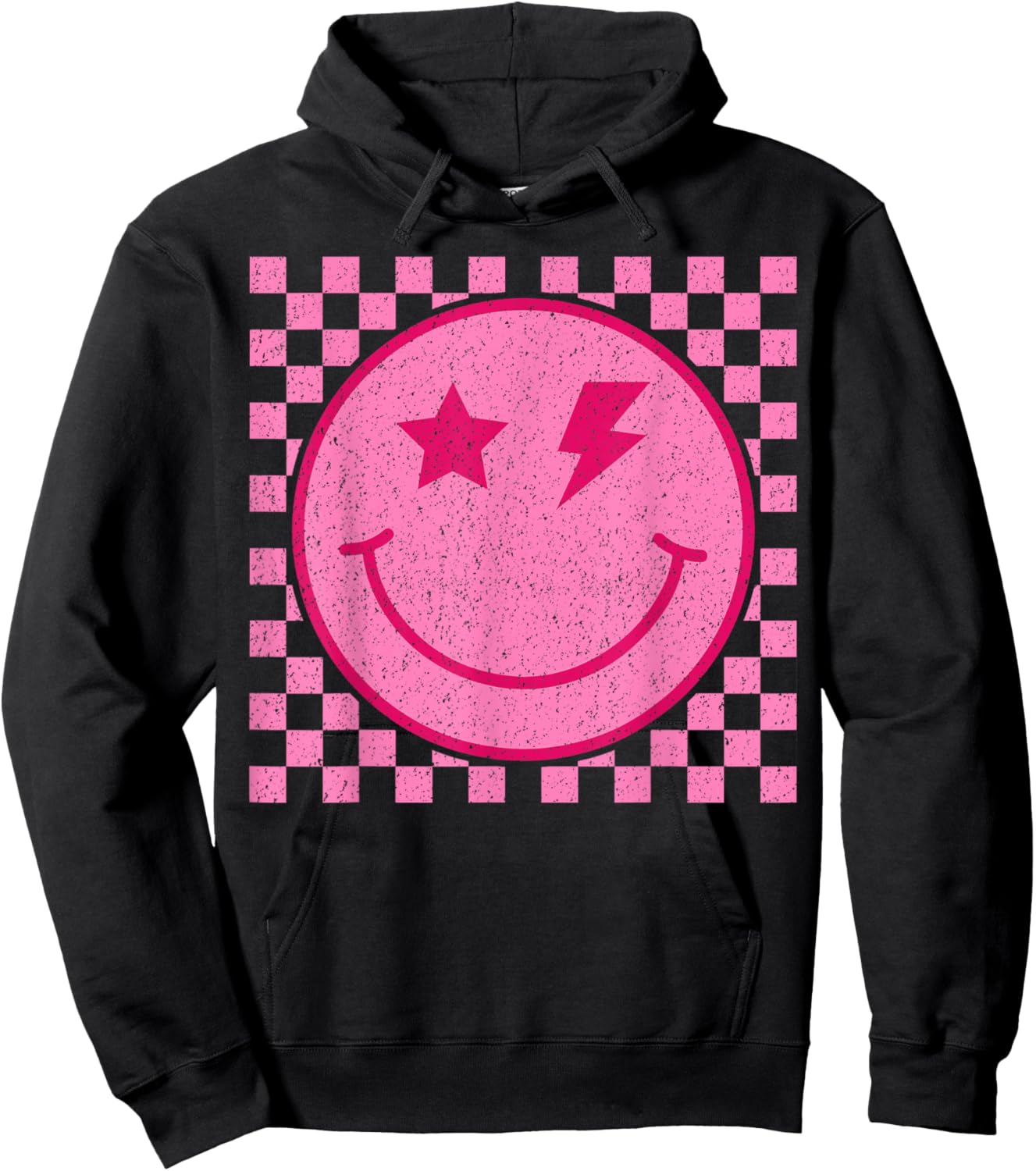 Retro Happy Face Distressed Checkered Pattern Smile Face Hoodie - Hoodie | Black
