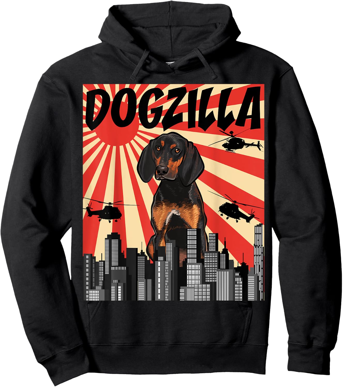 Funny Retro Japanese Dogzilla Black and Tan Coonhound Hoodie - Hoodie | Black