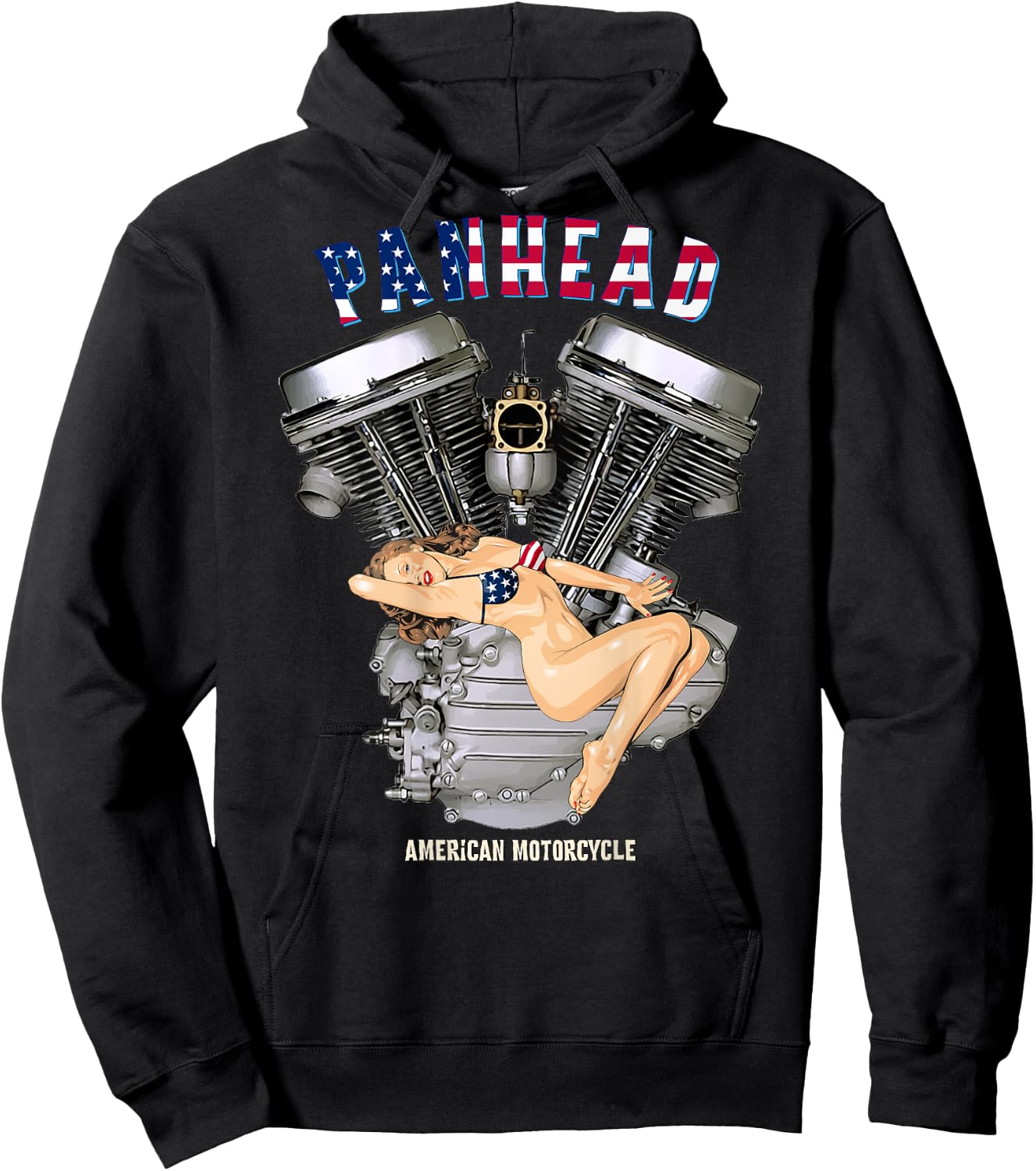 USA Panhead Motorcycle Sexy Retro Pinup Flag Biker Gear Hoodie - Hoodie | Black