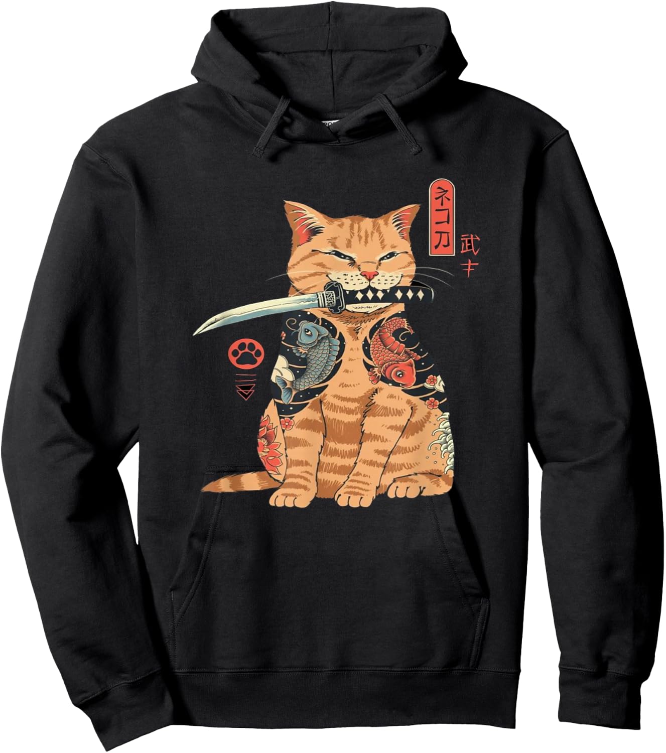 Alexamerch Cats Japanese Samurai Ninja Cat Kawaii Tattoo Graphic - Kids, Anime Fans, Casual Wear Lovers - - Black - Small - Short Sleeve - Classic Fit - Cotton, Polyester Hoodie - Hoodie | Black