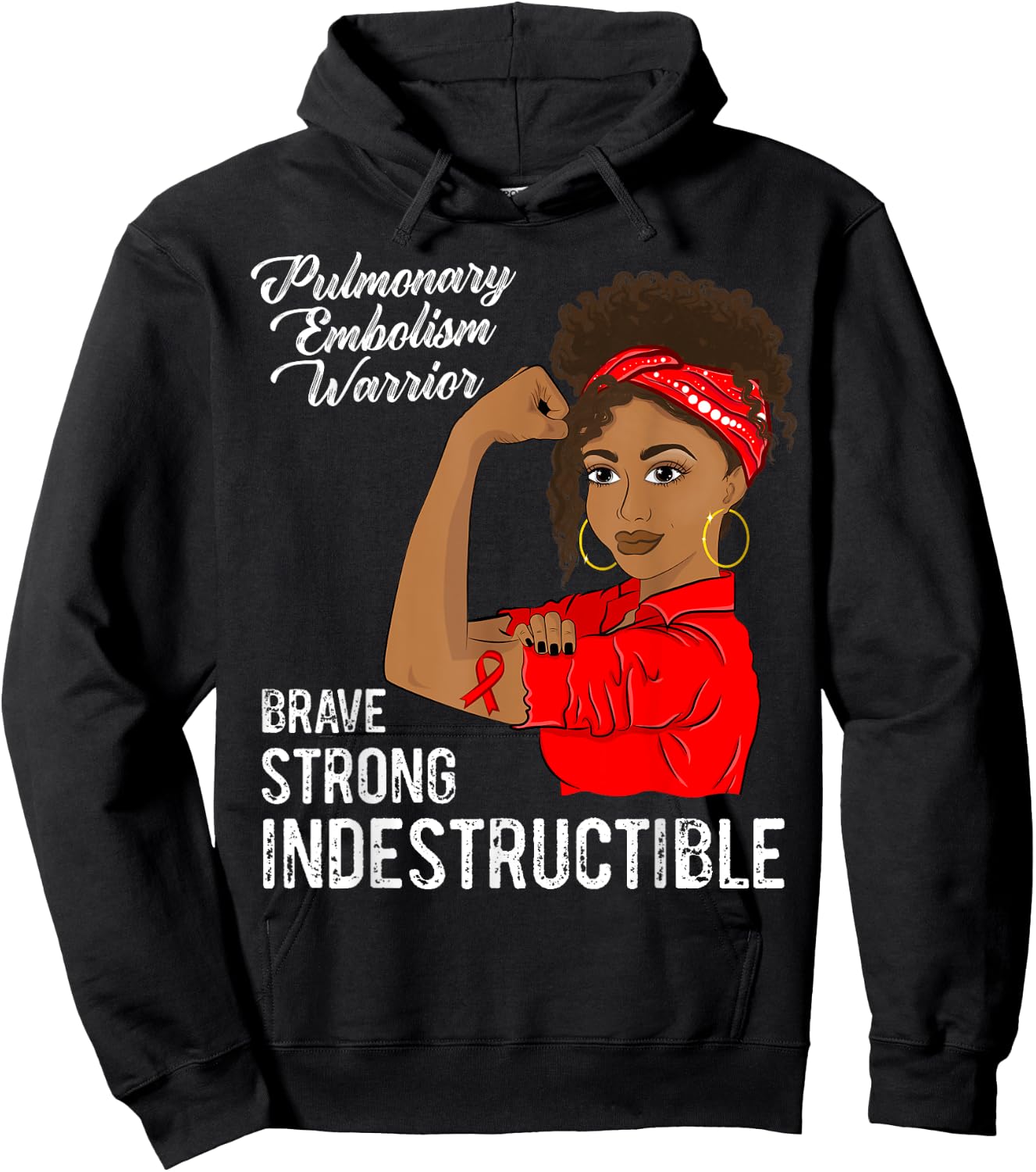 Pulmonary Embolism Warrior Black Girl Awareness Red Ribbon Hoodie - Hoodie | Black