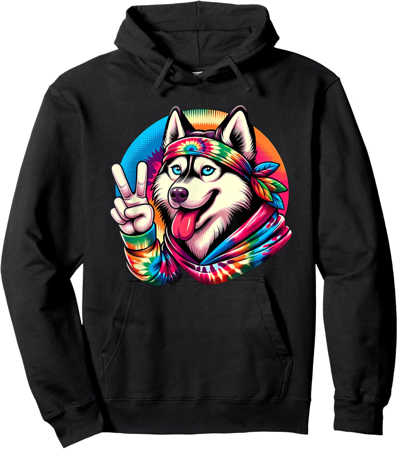 Peace Sign Tie Dye Husky dog Hoodie - Hoodie | Black