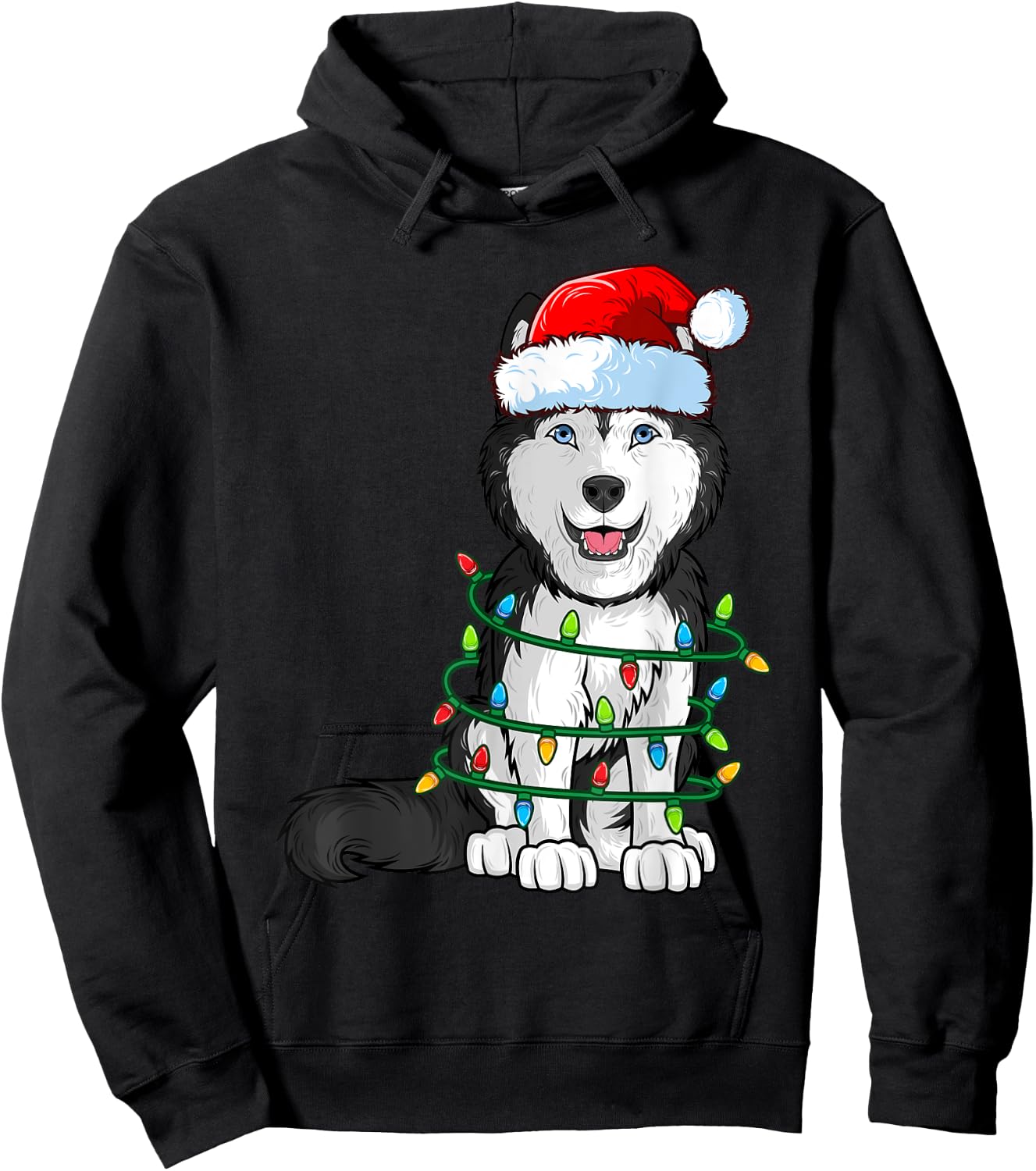 Siberian Husky Christmas Santa Hat Xmas Lights Dog Boys Girl Hoodie - Hoodie | Black