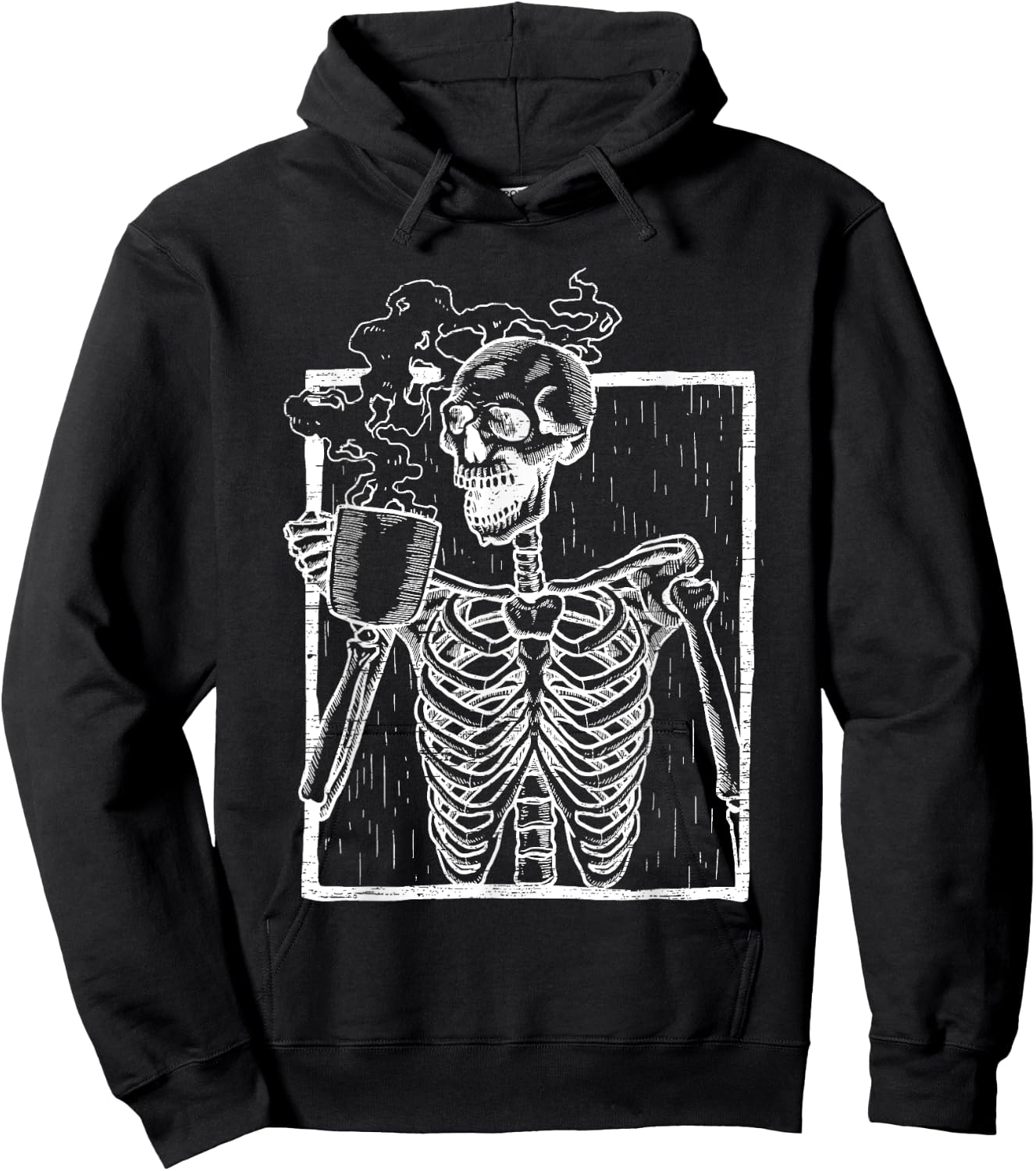 Distressed Skeleton Vintage Smiling Skull drinking Coffee Hoodie - Hoodie | Black