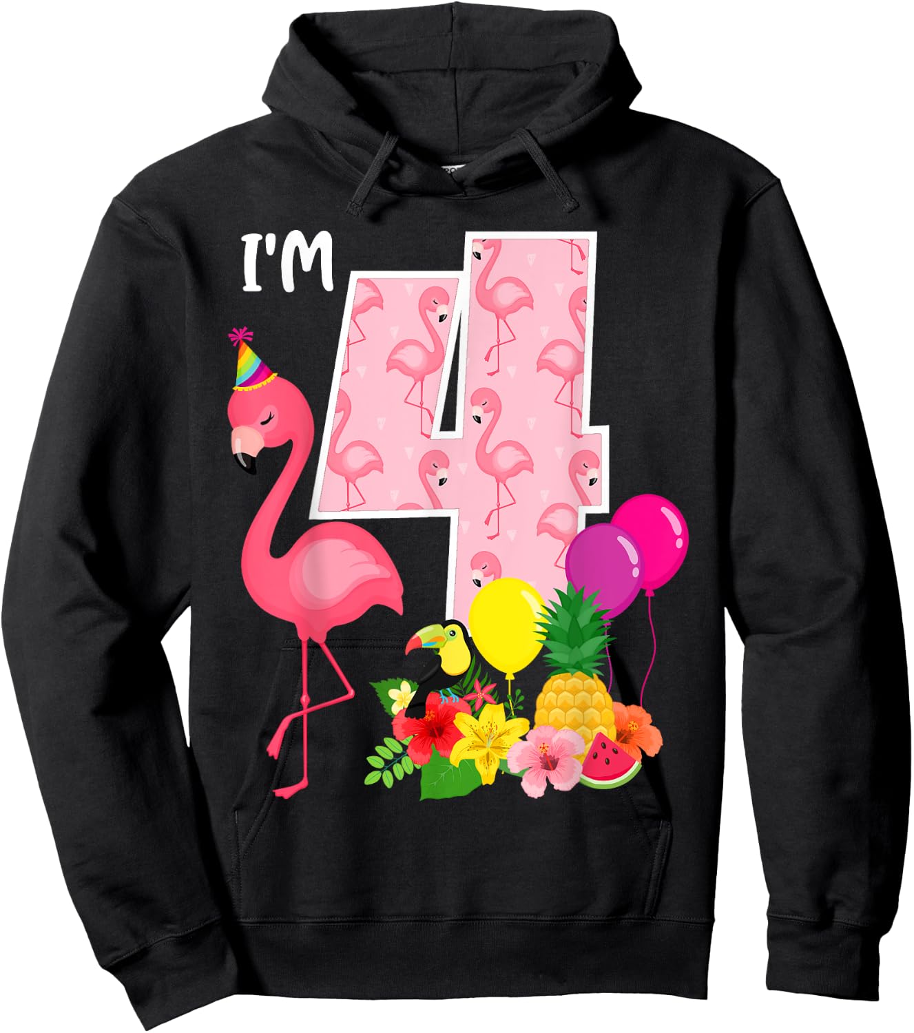 Flamingo Birthday I'm 4 Tropical Flamingo Theme 4th Birthday Hoodie - Hoodie | Black