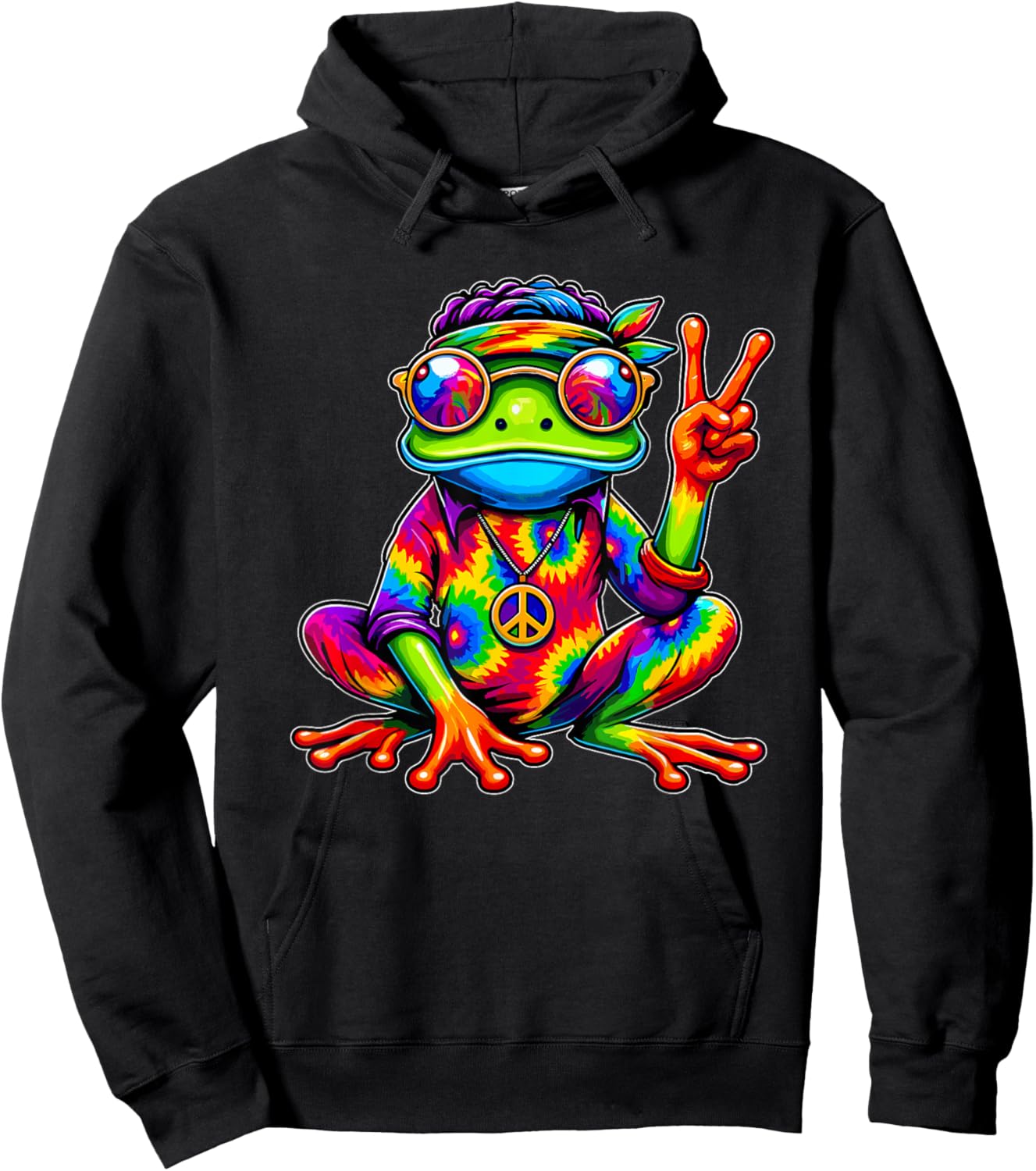 Hippie Tie-Dye Frog, 70s Party & 60s Costume, Peace Sign Hoodie - Hoodie | Black