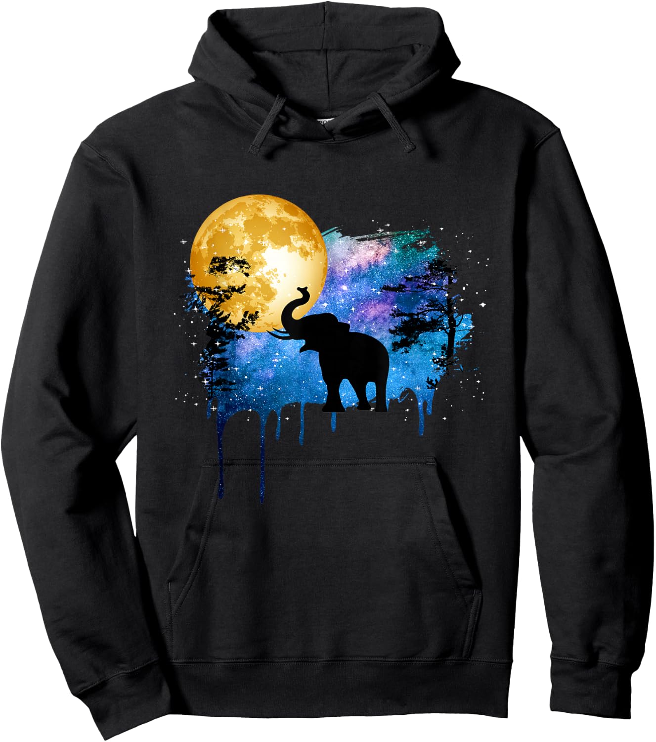 Elephant Full Moon Galaxy Star Night Nature Graphic Art Hoodie - Hoodie | Black