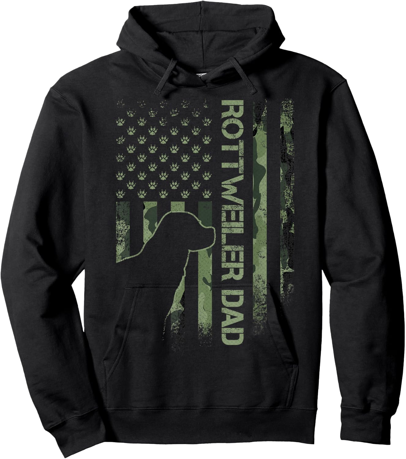 Vintage USA Camo Flag Proud Rottweiler Dad Rottie Silhouette Hoodie - Hoodie | Black