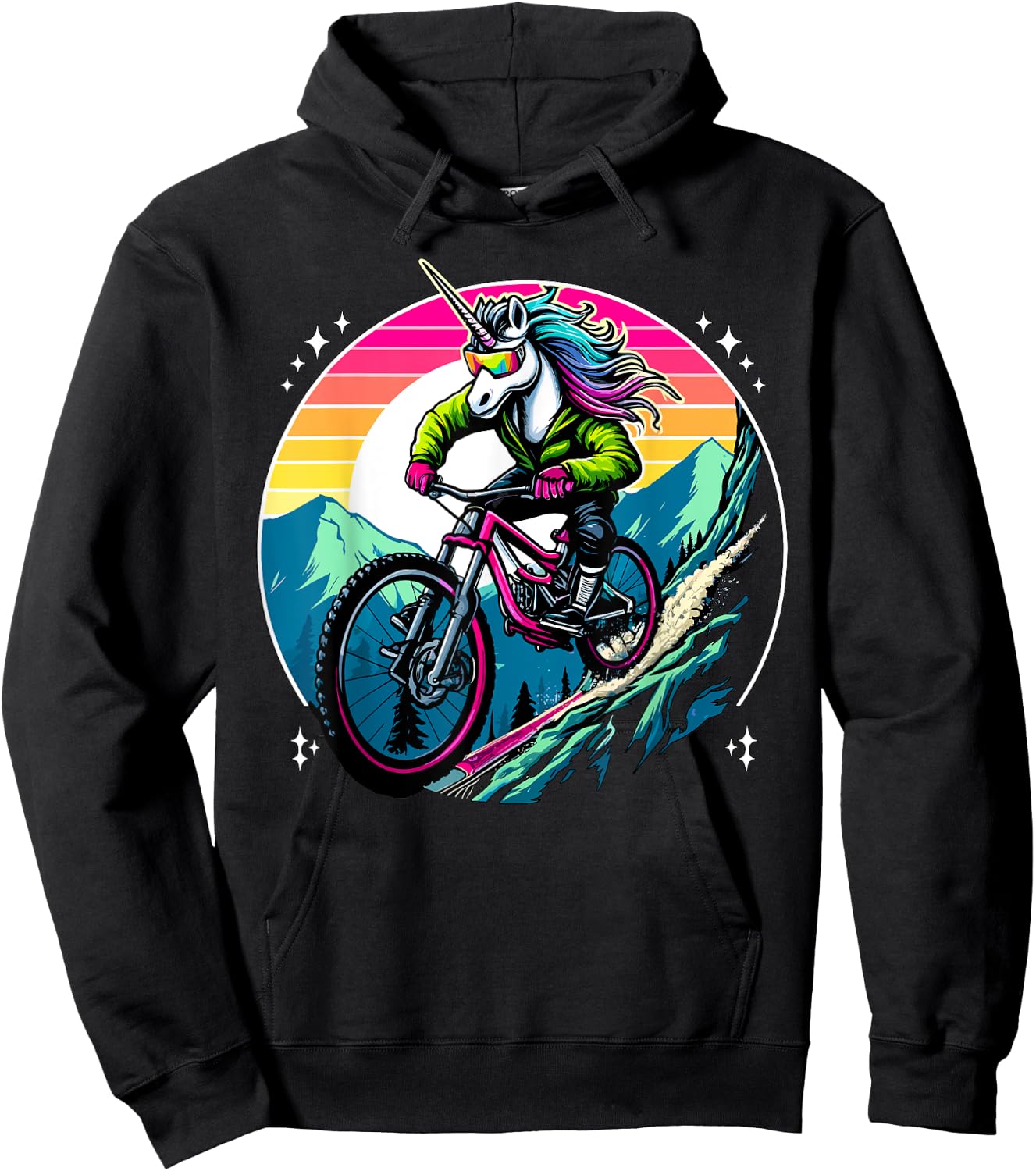 Unicorn Mountain Bike Adventure Fantasy Colorful Sunset Hoodie - Hoodie | Black
