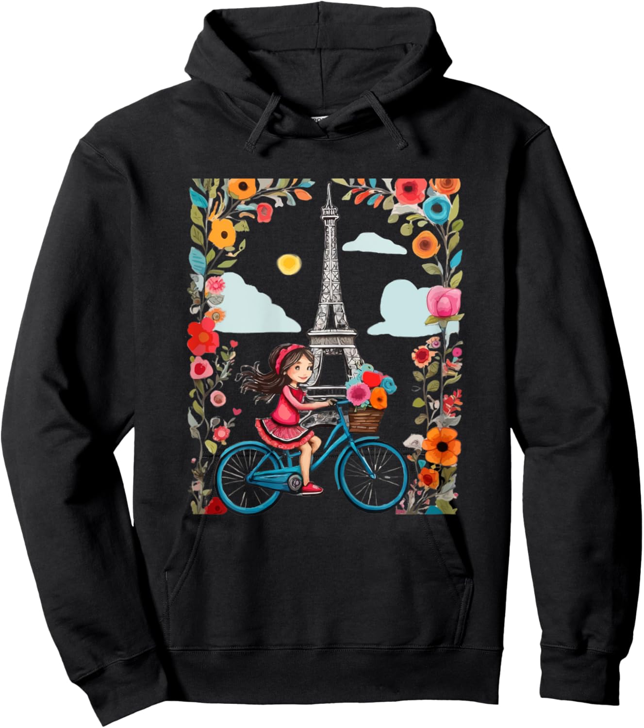 Girl on bicycle in Paris Eiffel Tower, Love Paris, French Hoodie - Hoodie | Black