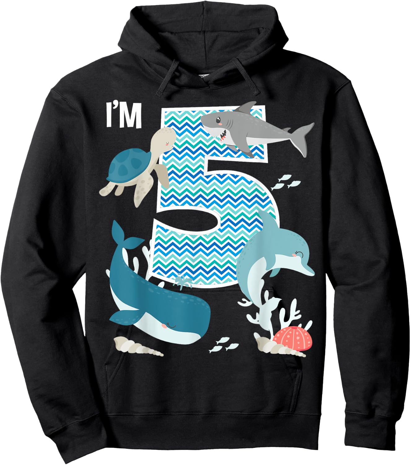 Kids 5 Year Old Ocean Life Whale Dolphin Shark 5th Birthday Hoodie - Hoodie | Black