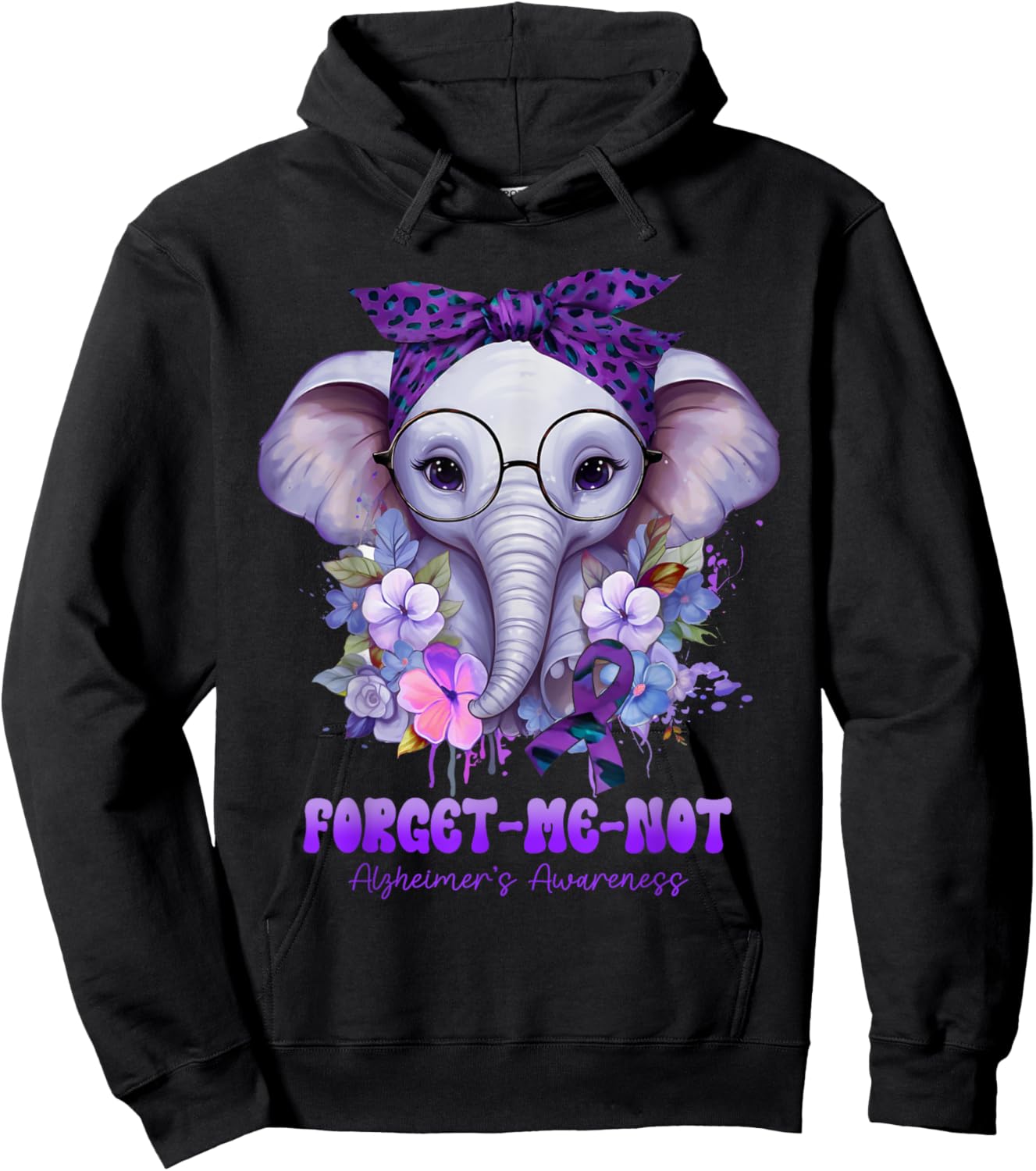 Forget Me Not Alzheimer's Awareness Elephant Flower Hoodie - Hoodie | Black