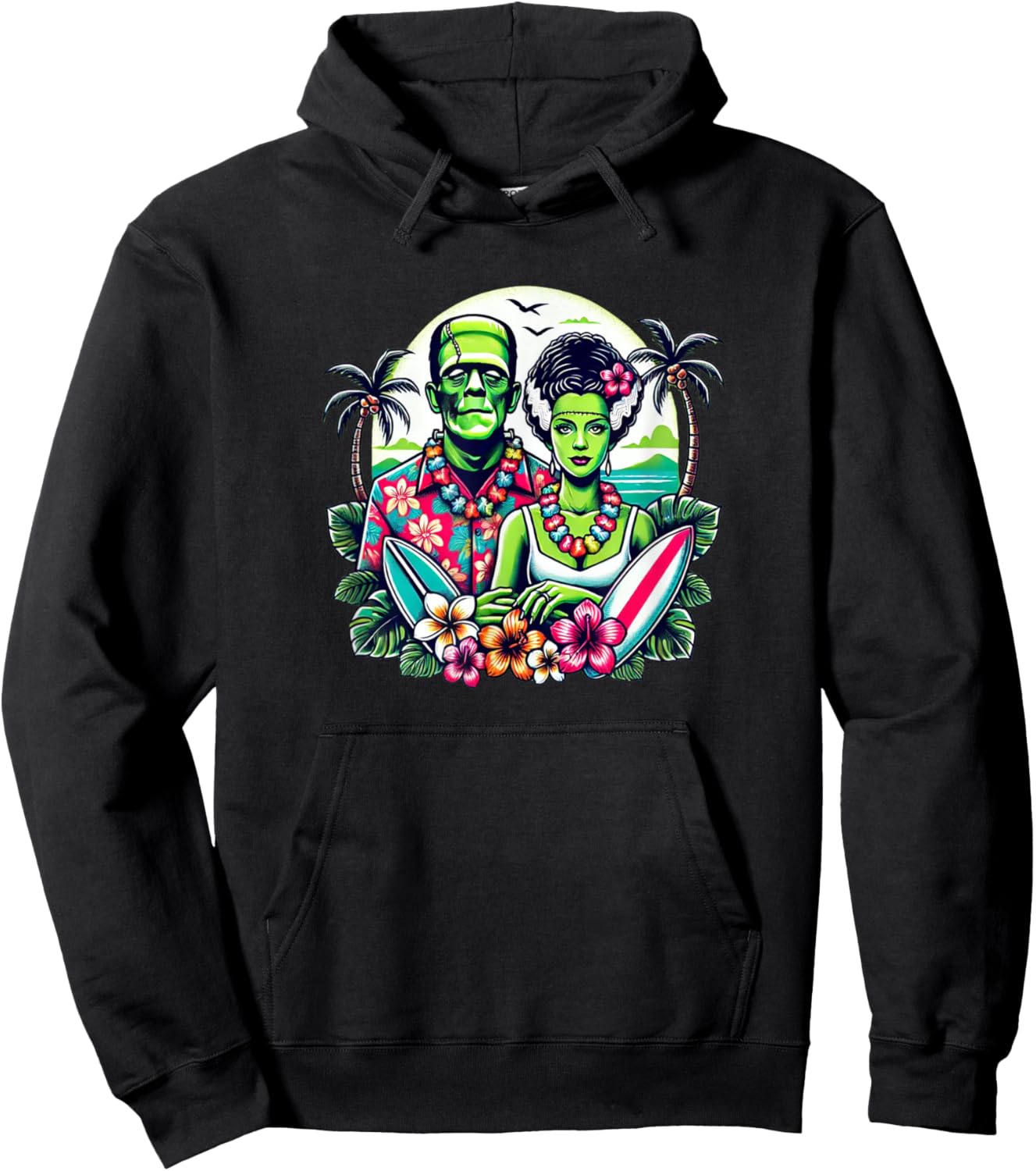 Frankenstein Monster and Bride Tropical Hawaiian Beach Women Girls Kids Hoodie - Hoodie | Black