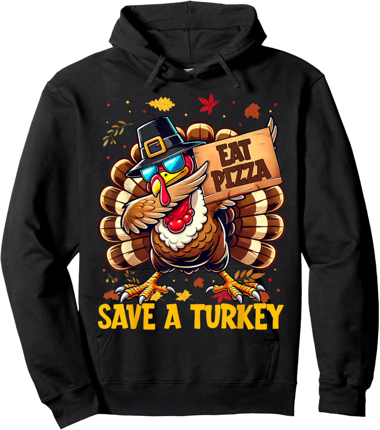 Funny Save A Turkey Eat Pizza Autumn Thanksgiving Groovy Hoodie - Hoodie | Black