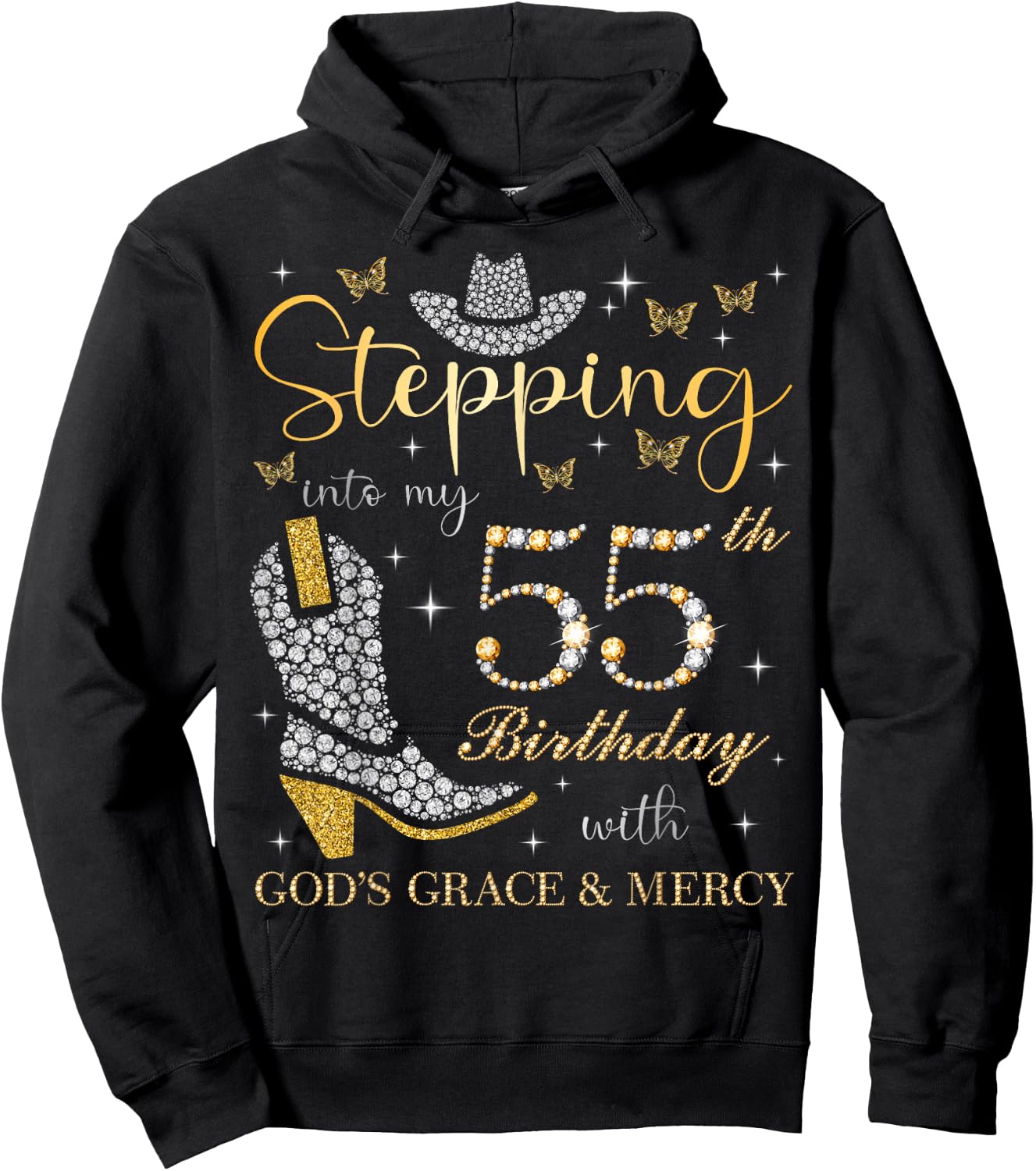 Stepping Into My 55th Birthday with God's Grace and Mercy Hoodie - Hoodie | Black