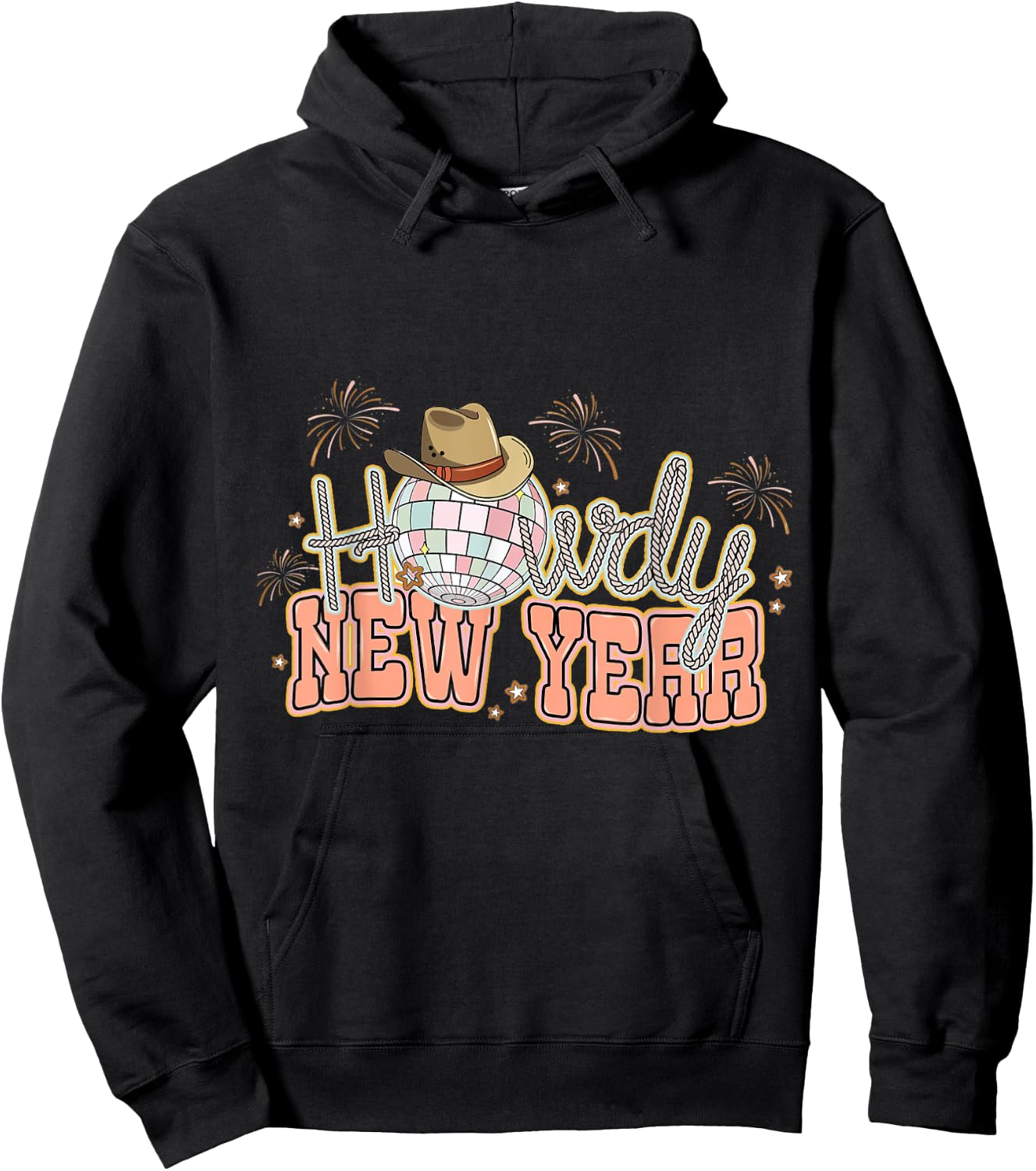 Howdy New Year 2024 Western Cowgirl Hat And Disco Balls Hoodie - Hoodie | Black