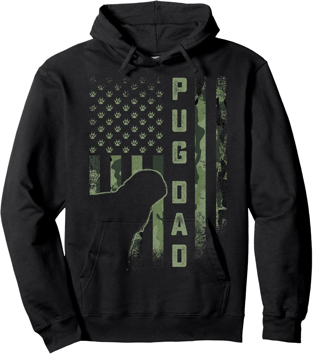 Vintage USA American Camo Flag Proud Pug Dog Dad Silhouette Men Women Hoodie - Hoodie | Black