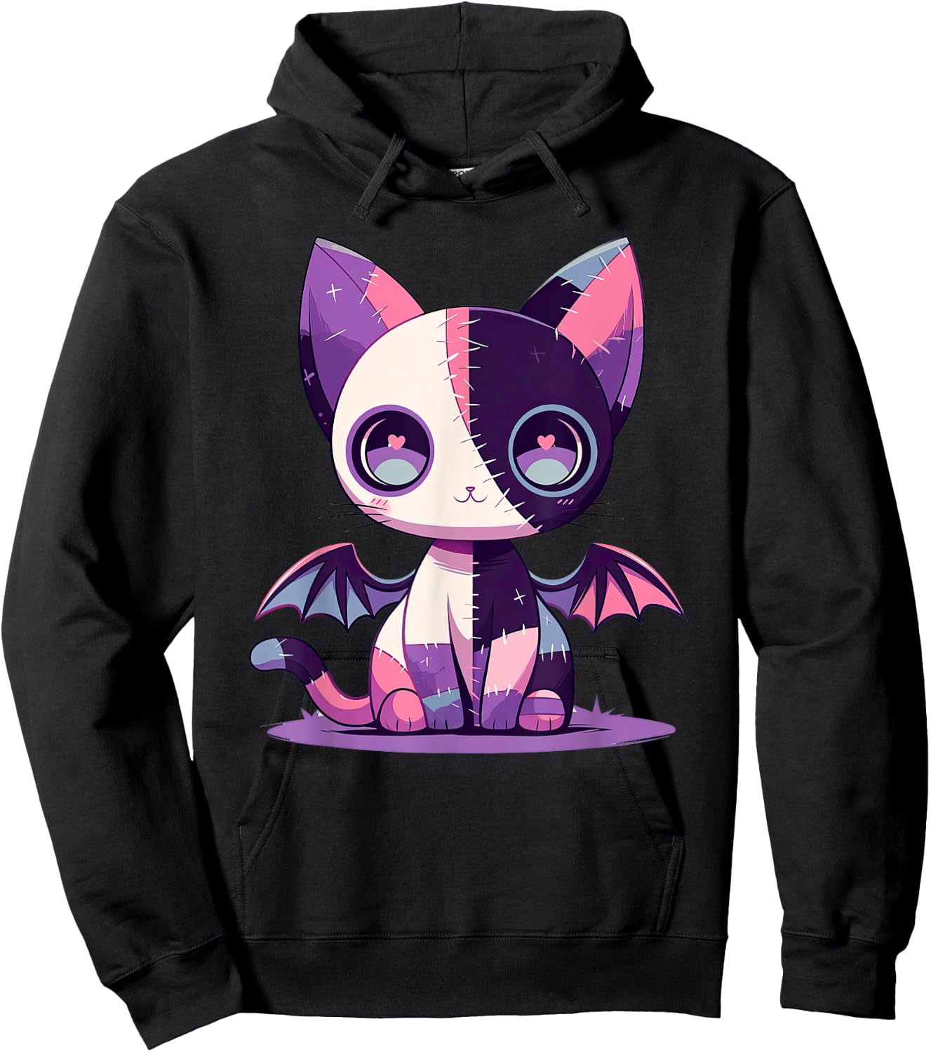 Kawaii Pastel Goth Creepy Cute Witchy Zombie Patchwork Cat Hoodie - Hoodie | Black