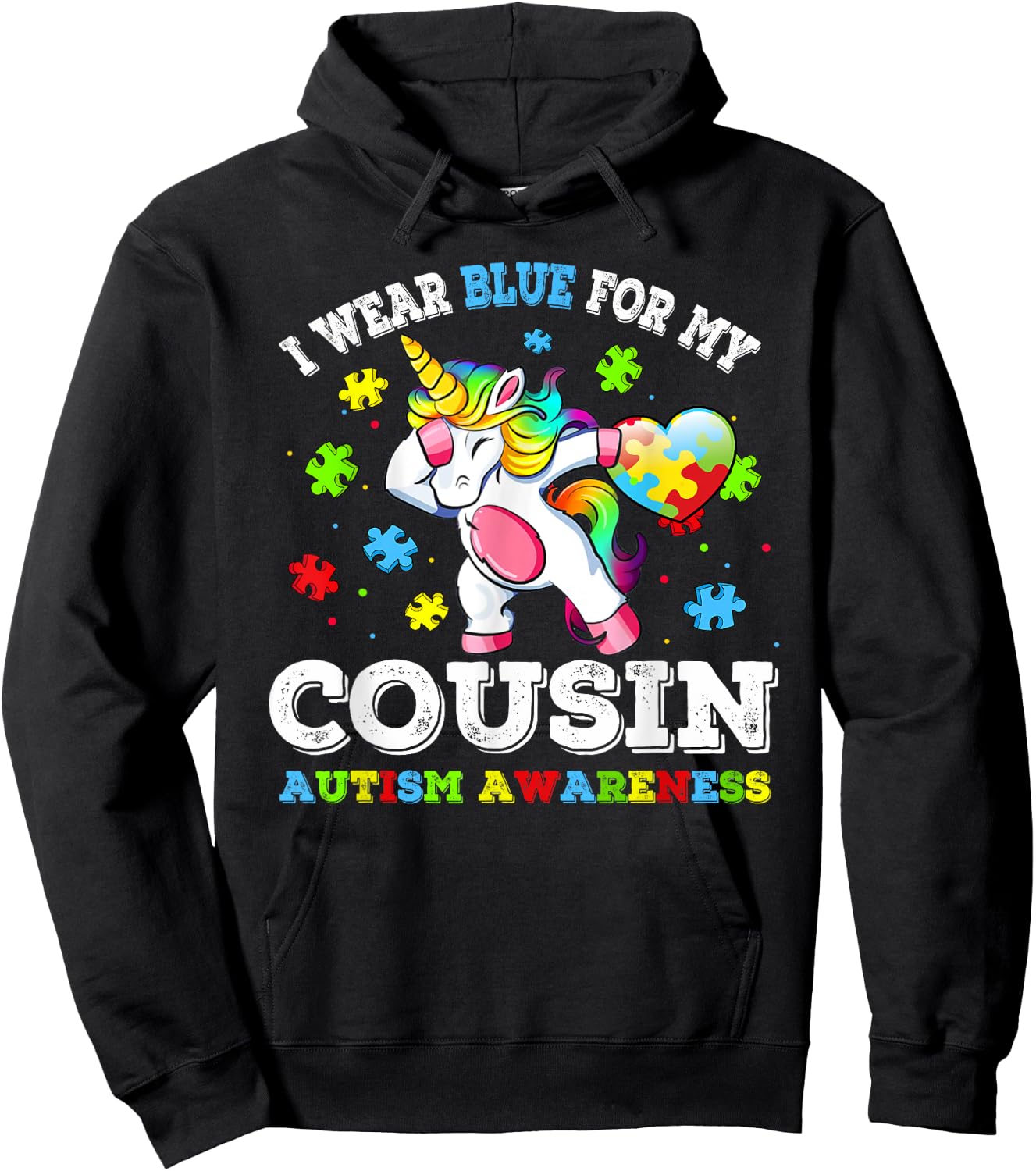 I Wear Blue For My Cousin Autism Dab Unicorn Puzzle Piece Hoodie - Hoodie | Black