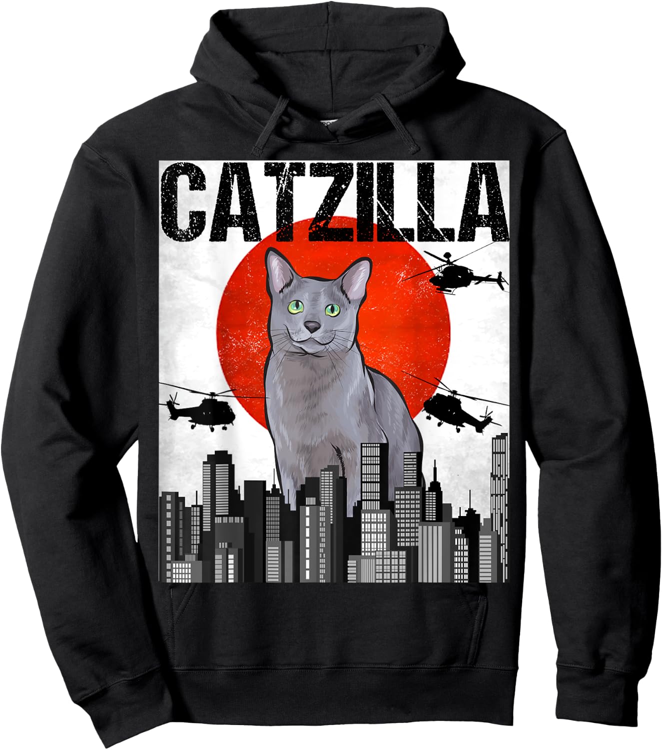 Funny Vintage Japanese Catzilla Russian Blue Cat Men Women Hoodie - Hoodie | Black