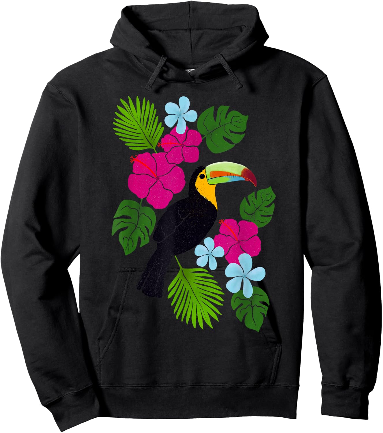 Tropical Toucan With Bright Florals and Leaves Hoodie - Hoodie | Black