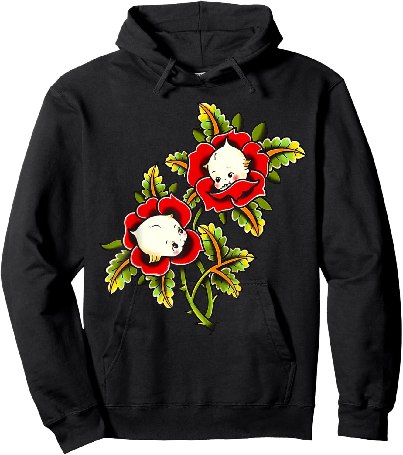 Kewpie Baby Roses Traditional Tattoo Flash Hoodie - Hoodie | Black