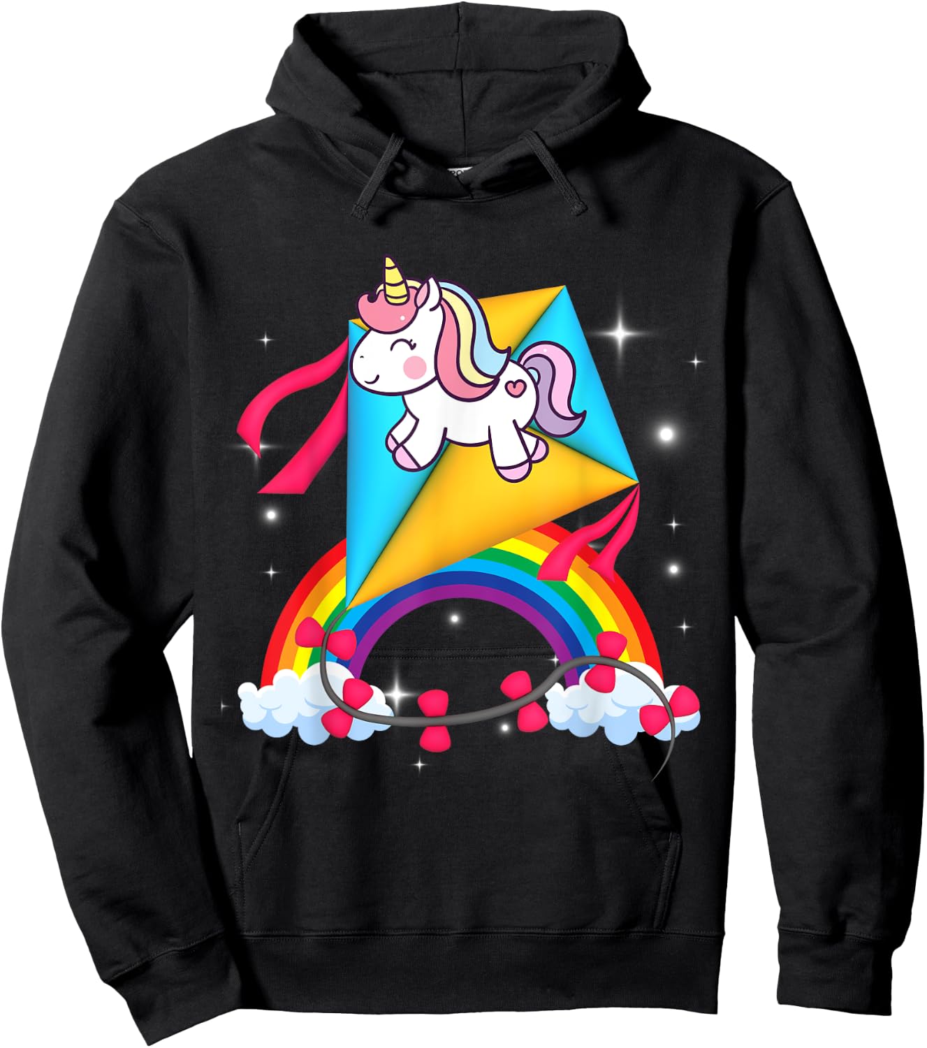 Unicorn Riding Kite Women Men Kids Teens Boys Girls Rainbow Hoodie - Hoodie | Black