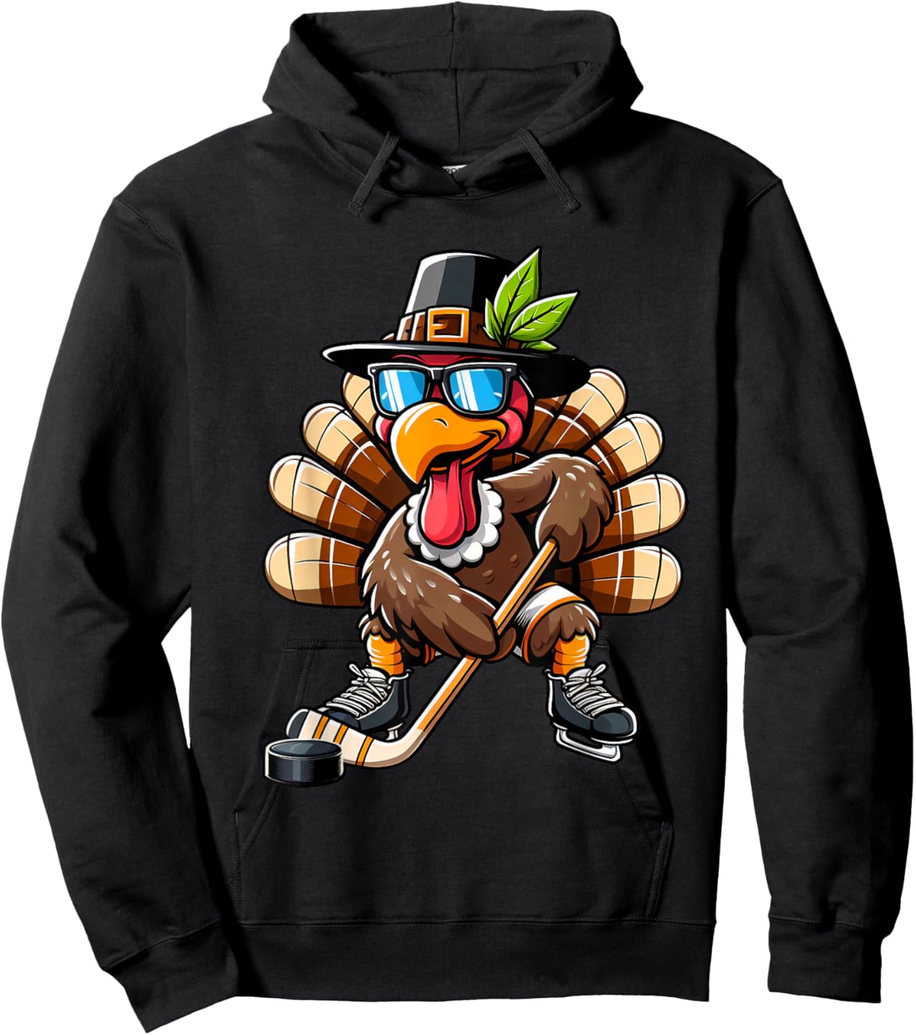 Turkey Hockey Thanksgiving Fall Turkey Playing Hockey Boys Hoodie - Hoodie | Black
