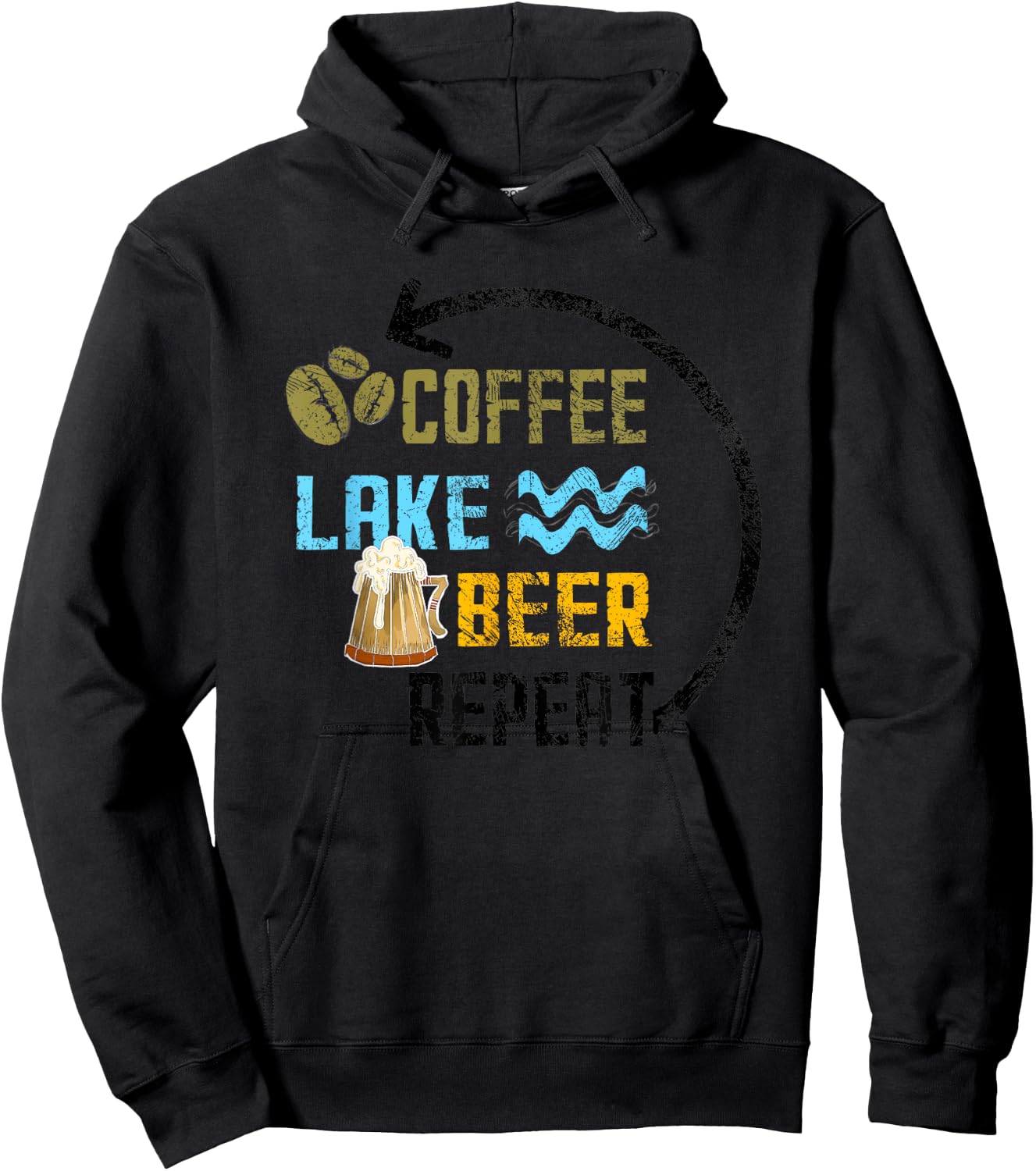 Coffee Lake Beer Repeat Lakefront Living Distressed Art Gift Hoodie - Hoodie | Black