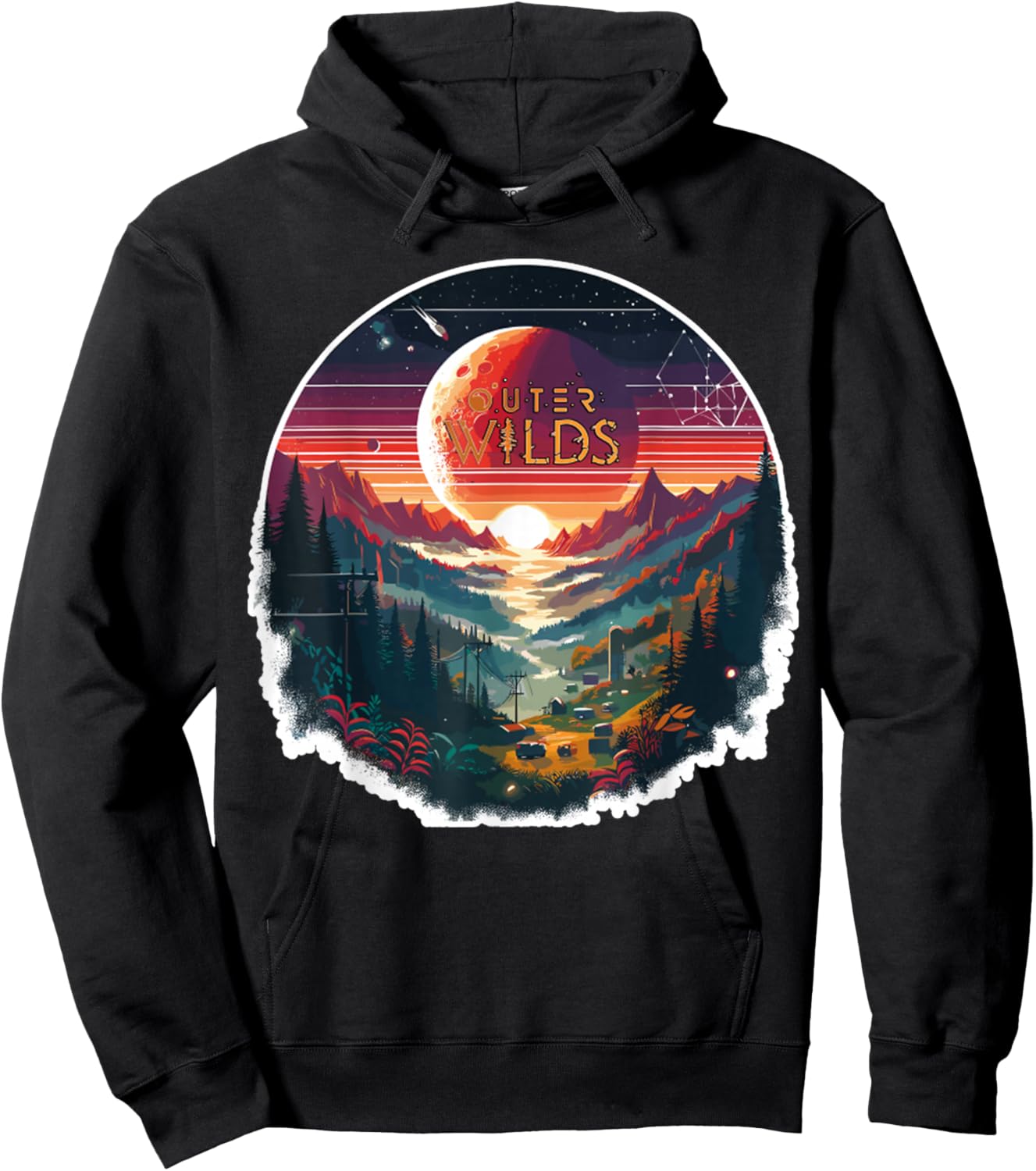 Outer Wilds Text Moon Mountain Forest Tree House Sun Hoodie - Hoodie | Black