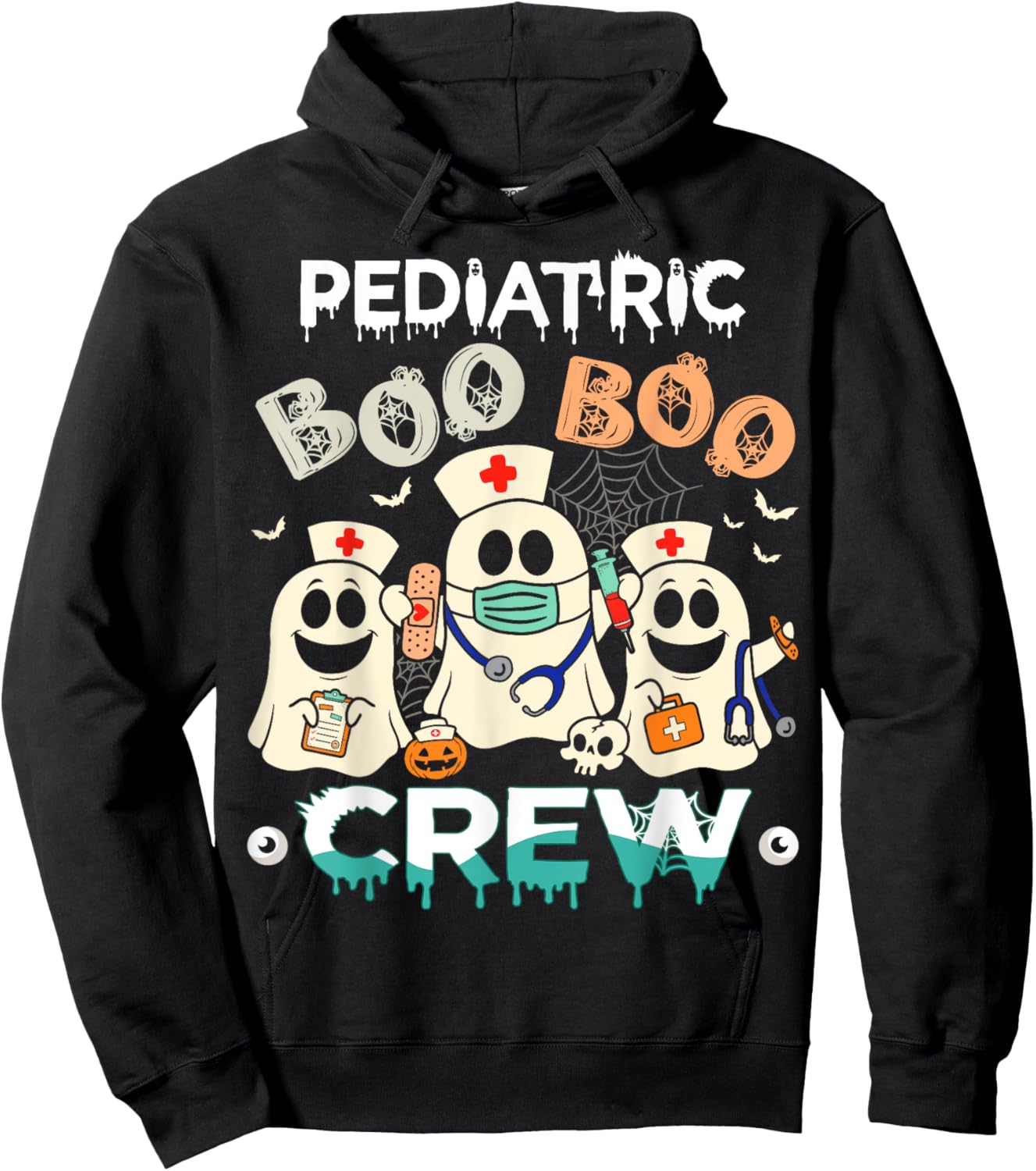 Halloween Nurse Peds Boo Crew Retro Pediatric Nurse Ghost Hoodie - Hoodie | Black