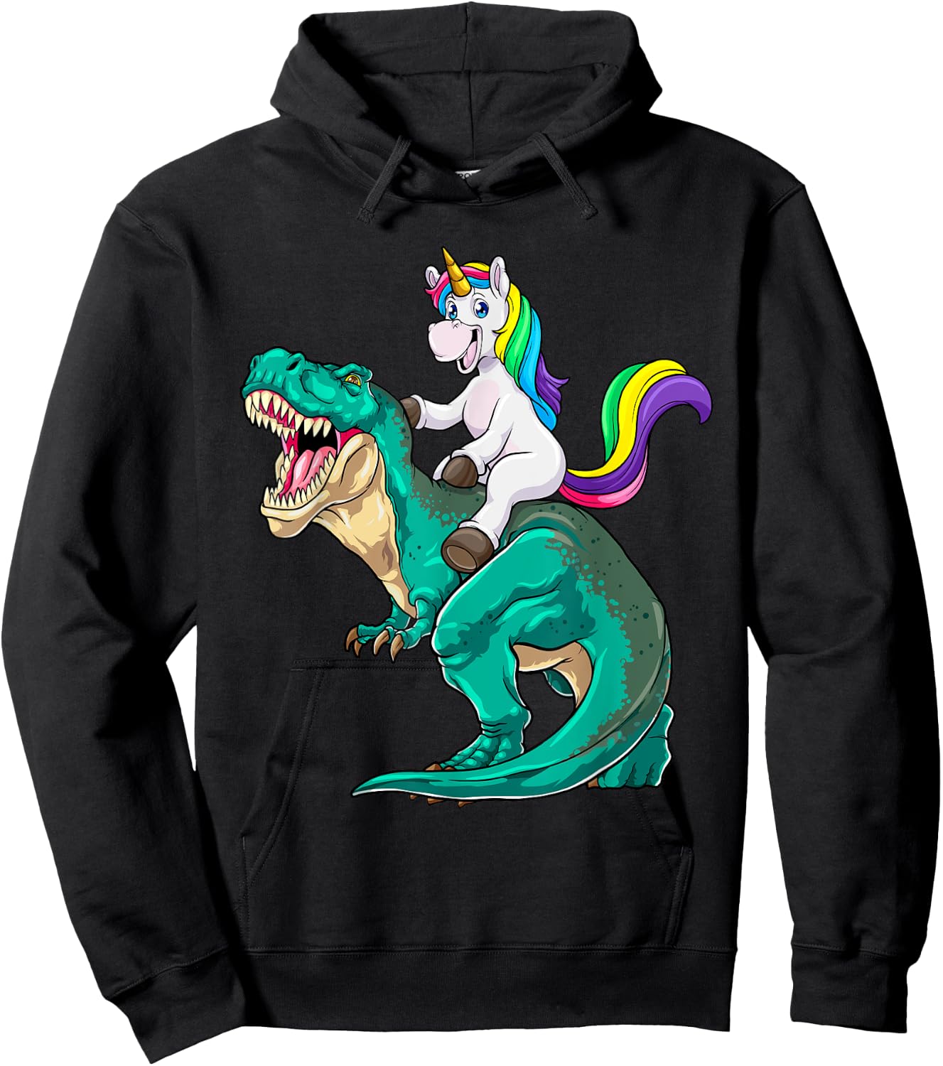Unicorn Riding T rex Dinosaur Boys Girls Men Women Rainbow Hoodie - Hoodie | Black