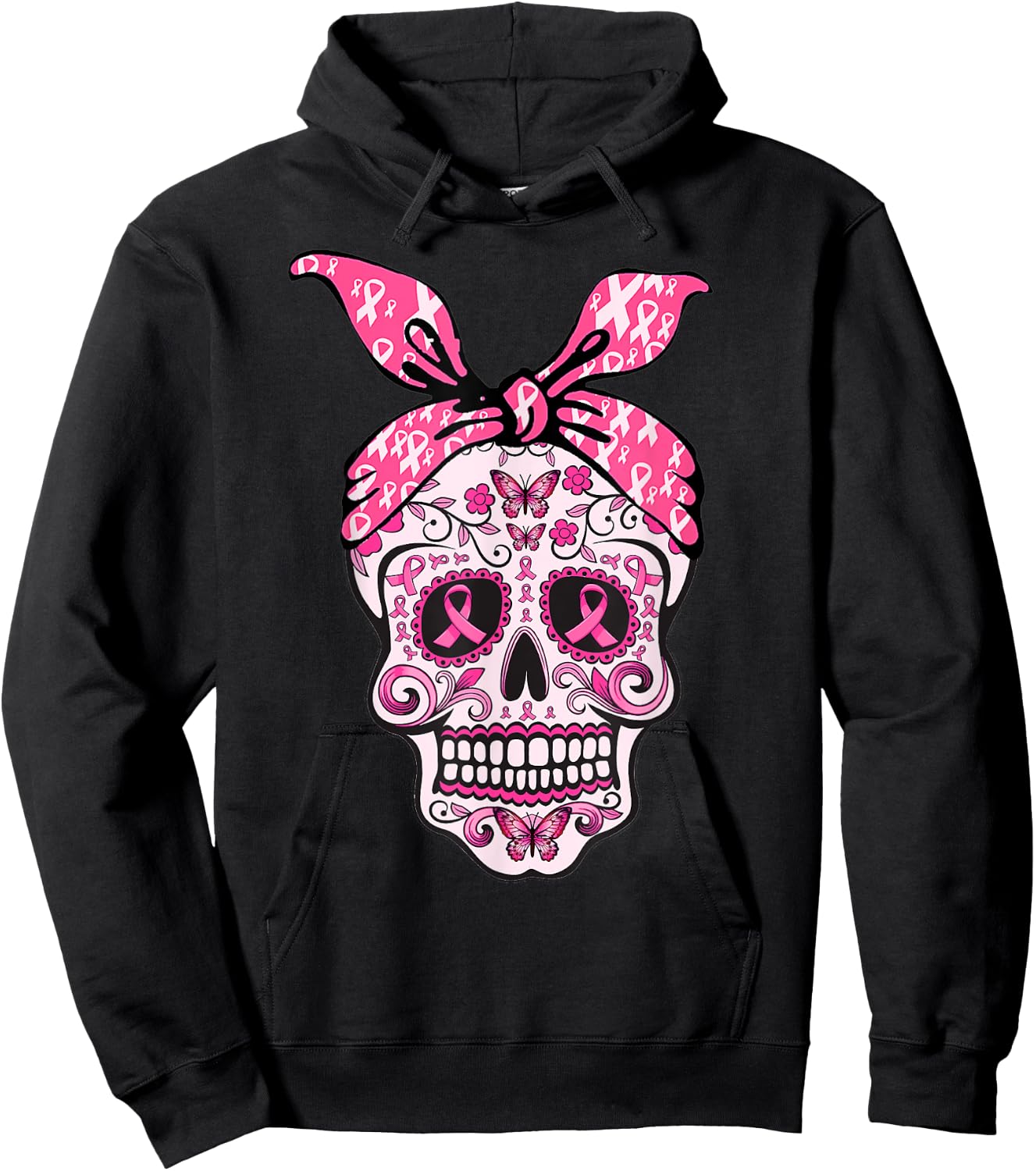 Sugar Skull Pink Ribbon Bandana Calavera Breast Cancer Hoodie - Hoodie | Black