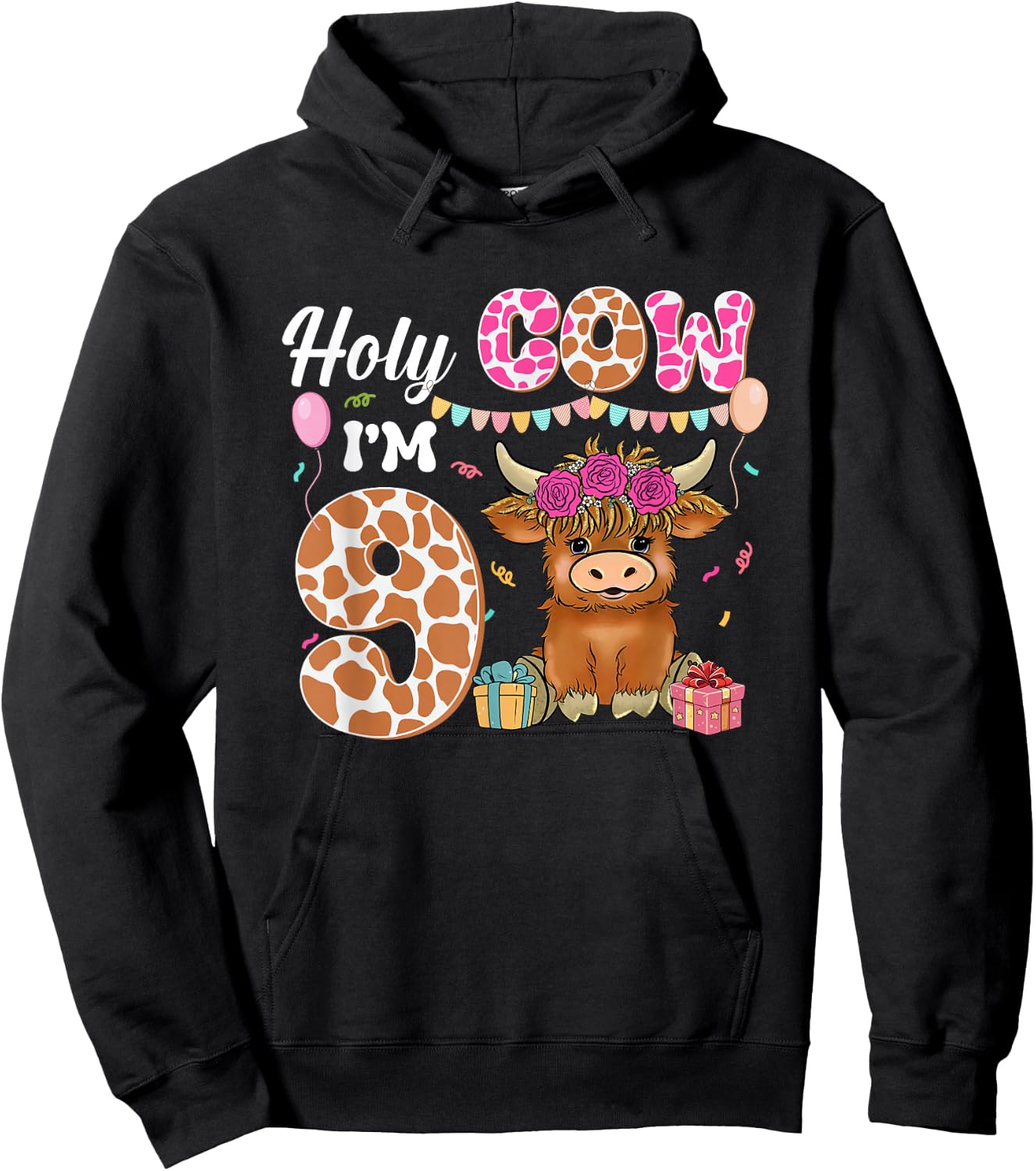 Holy Cow I'm 9 Highland Cow Farming 9th Birthday 9 Years Old Hoodie - Hoodie | Black