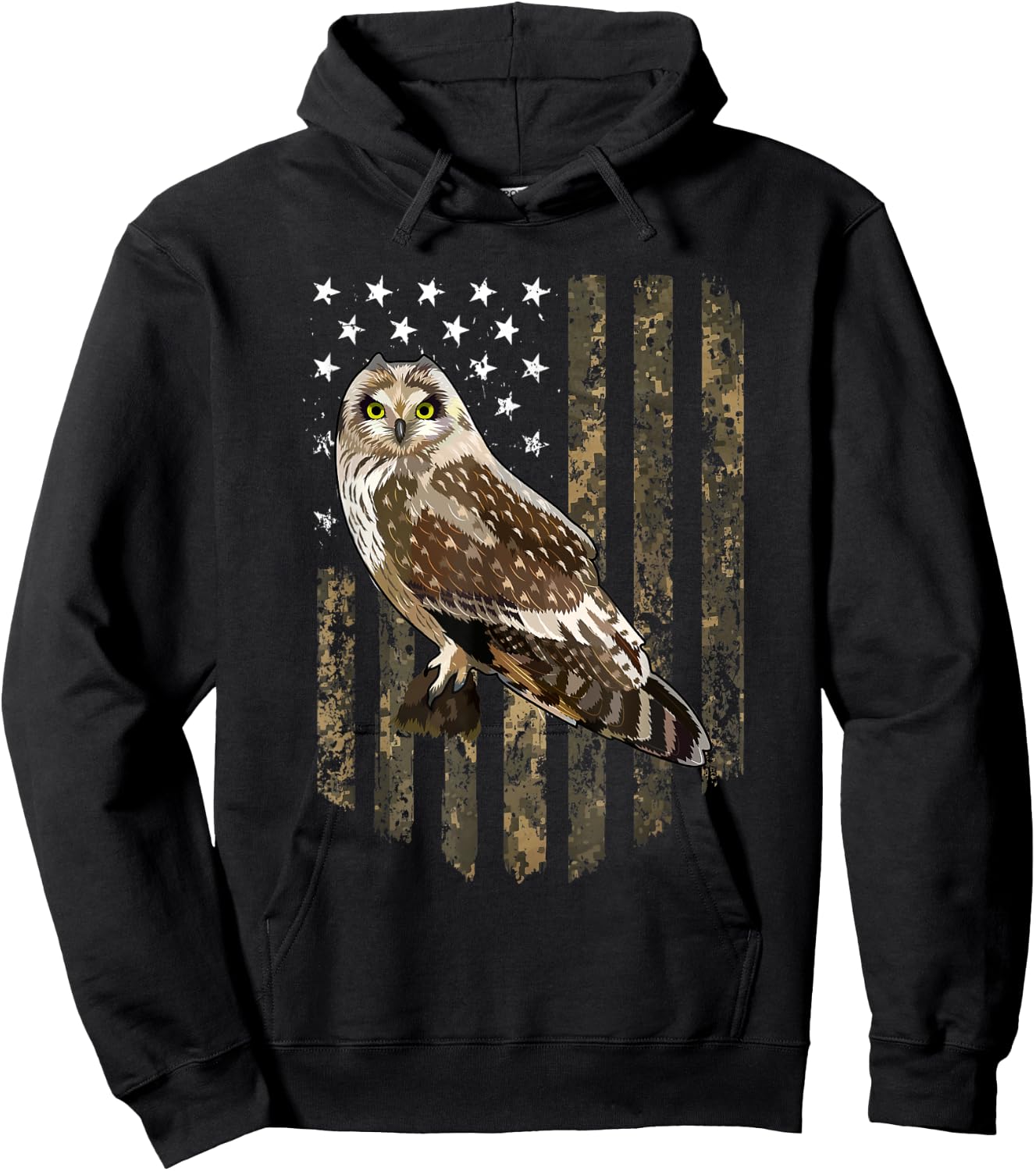 Camo American Flag Short-eared Owl Bird 4th Of July Women Men Hoodie - Hoodie | Black