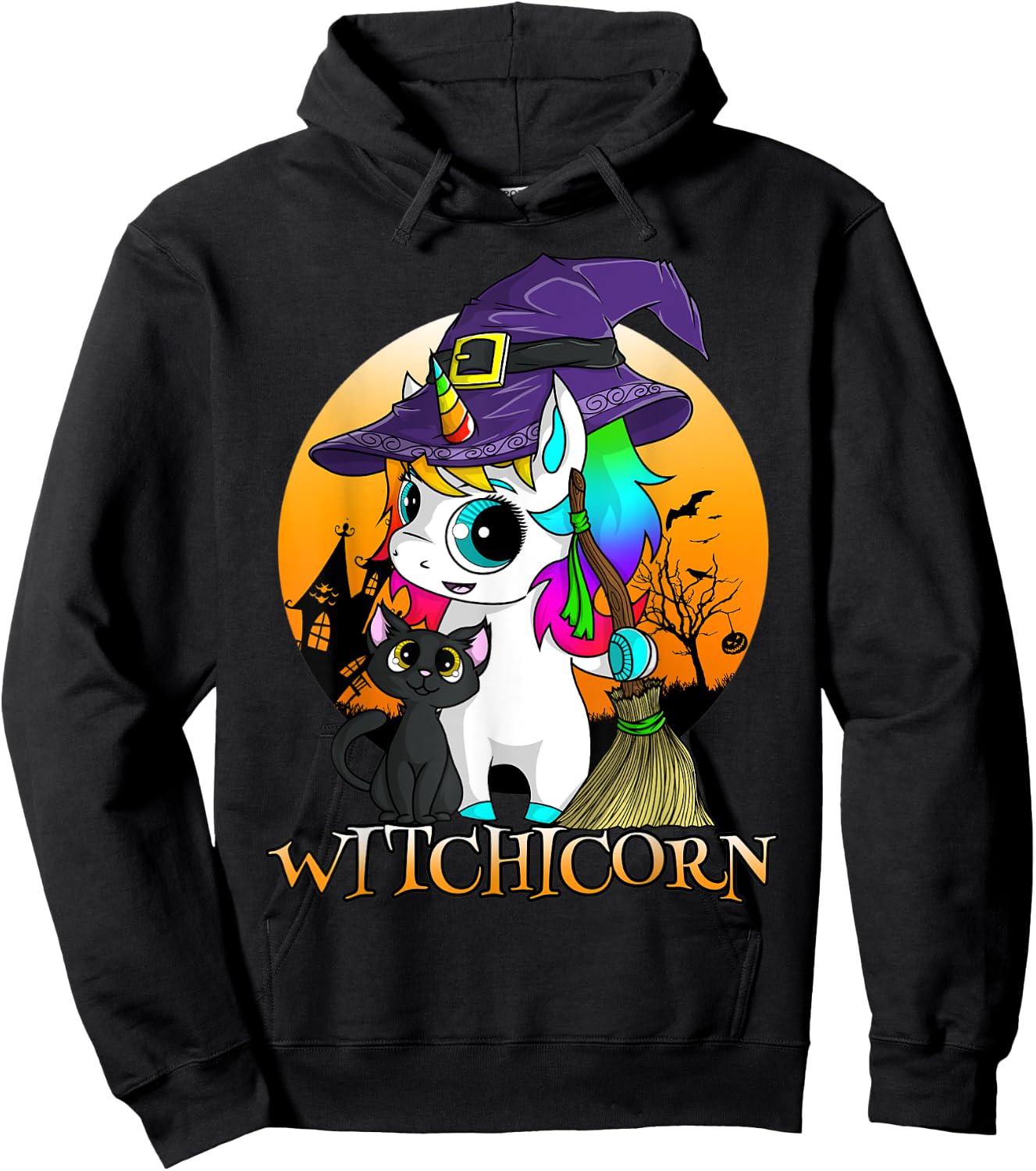 Witchicorn Unicorn Witch Halloween Black Cat Orange Moon Hoodie - Hoodie | Black