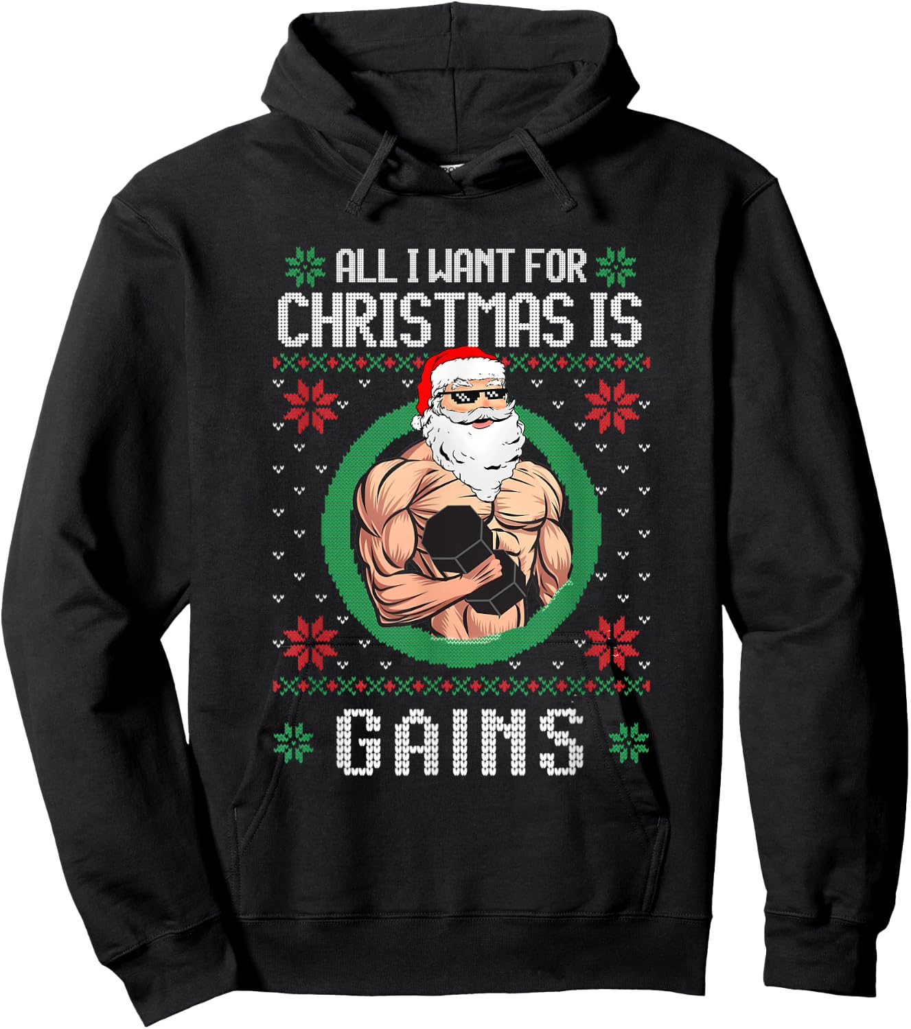 All I Want Is Gains Santa Muscle Gym Workout Fitness Hoodie - Hoodie | Black