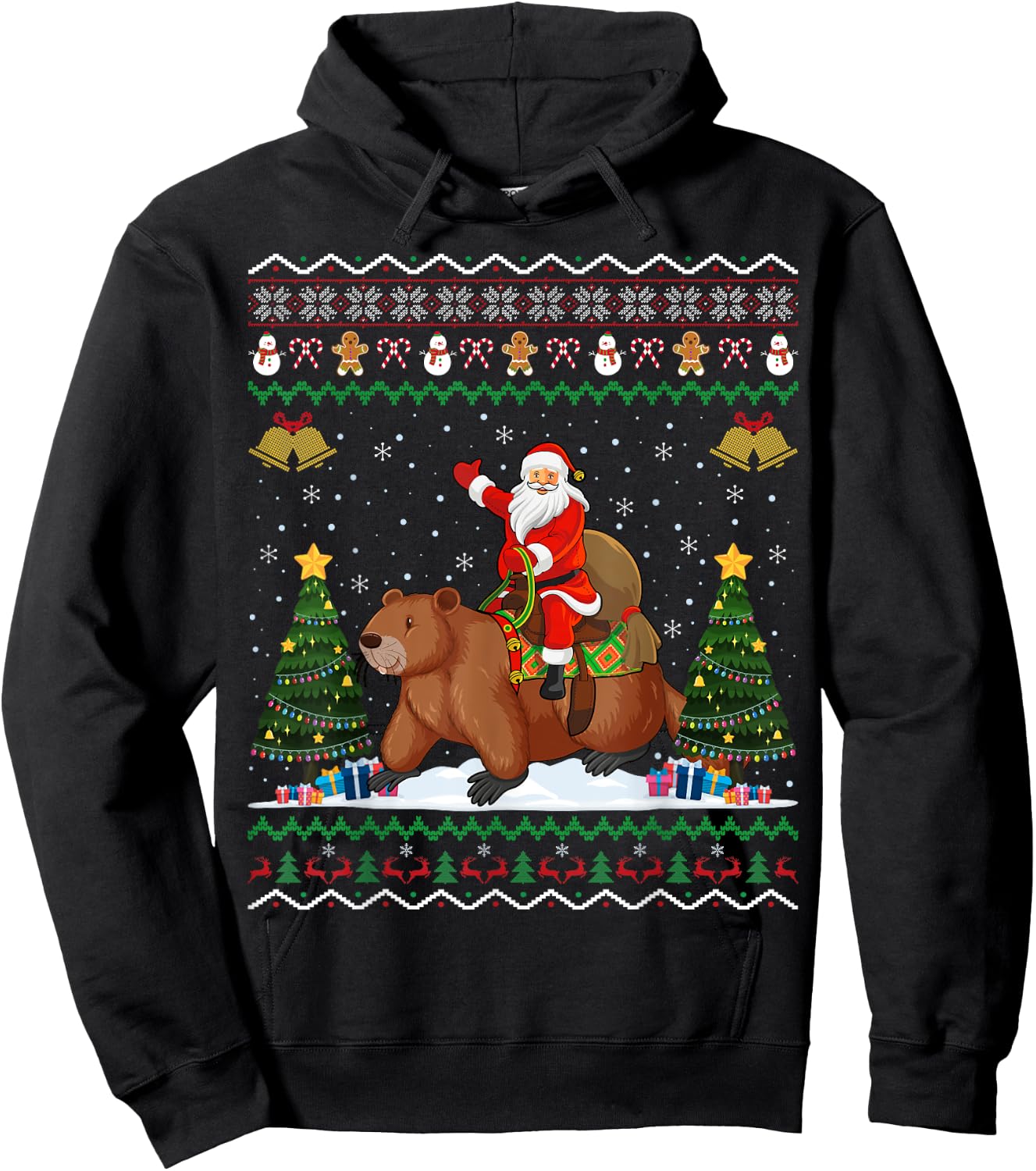 Beaver Ugly Xmas Gift Funny Santa Riding Beaver Christmas Hoodie - Hoodie | Black