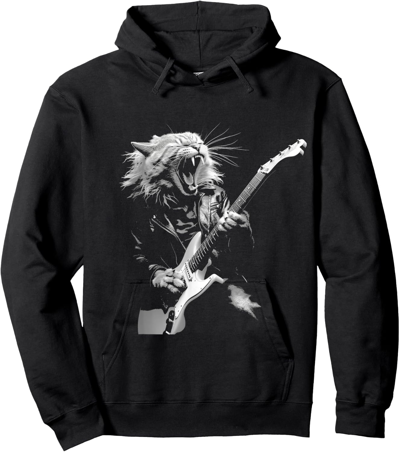 Rock Cat Playing Guitar Funny Guitar Cat Design Hoodie - Hoodie | Black