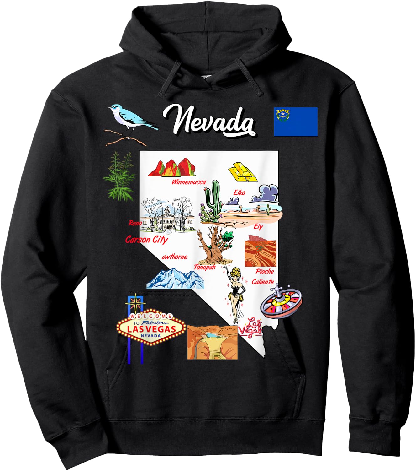 illustrated Map of Nevada in US with the Cities and symbols Hoodie - Hoodie | Black