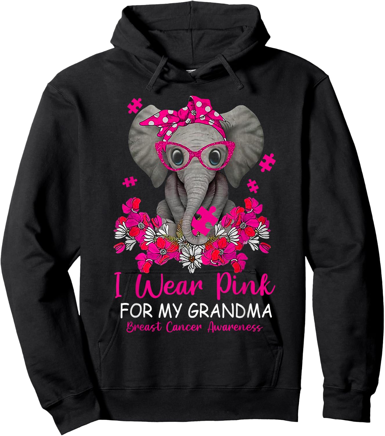 I Wear Pink For My Grandma Elephant Breast Cancer Awareness Hoodie - Hoodie | Black