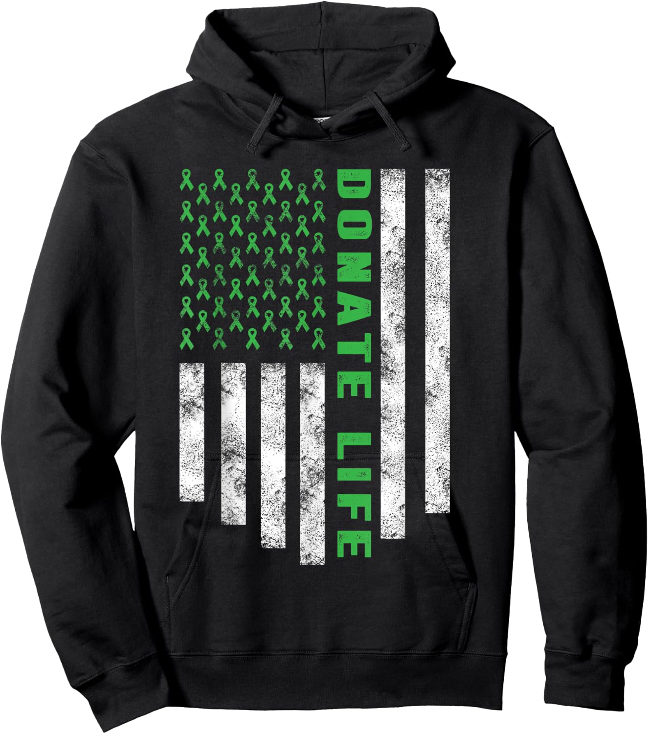 Organ Transplant Awareness USA Flag Donate Life Green Ribbon Hoodie - Hoodie | Black