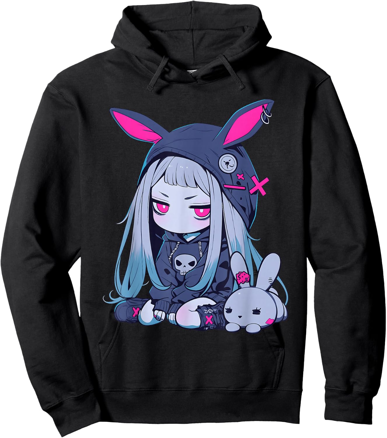 Cute E-Girl Anime Girl Goth Bunny Grunge Gothic Outfit Hoodie - Hoodie | Black