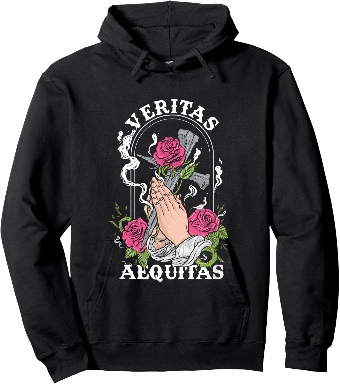 Veritas Aequitas Cross Roses Praying Hands Pray God Gift Hoodie - Hoodie | Black
